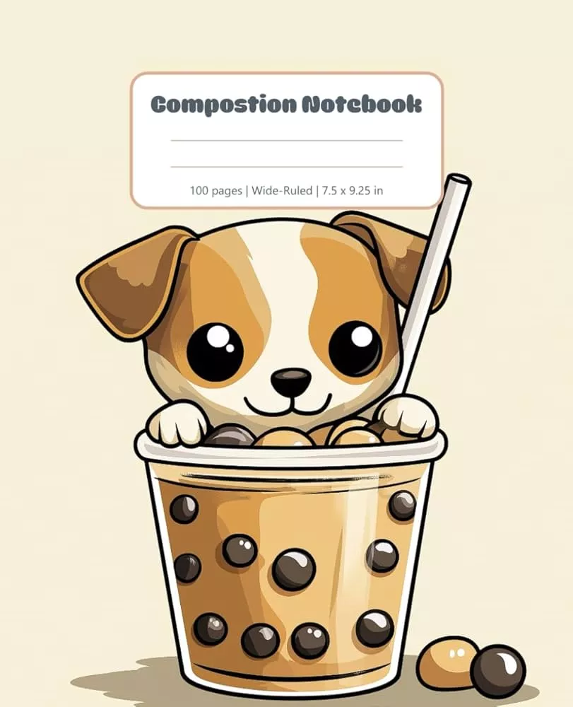 Cute dog drinking boba tea Composition