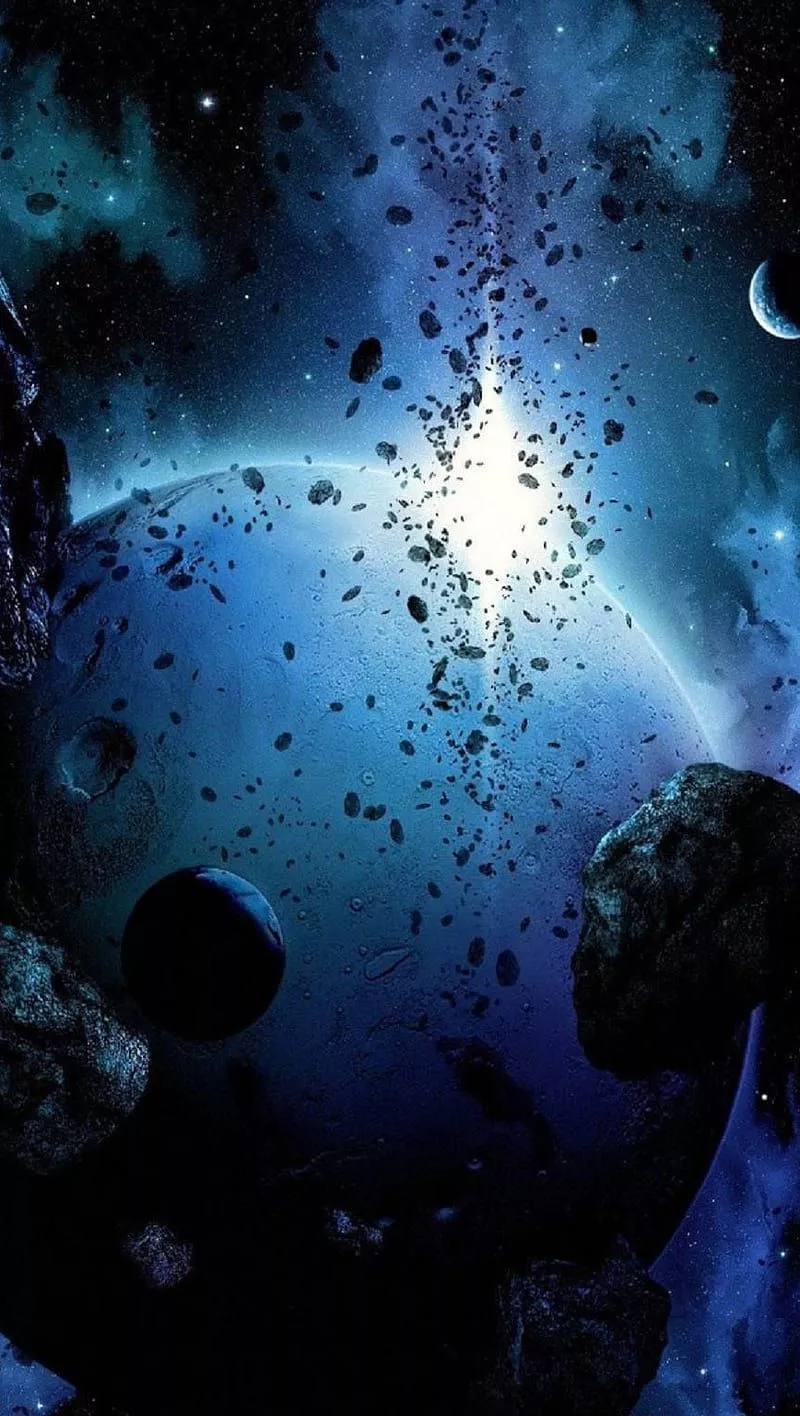 Planet, asteroid, black, blue, sky