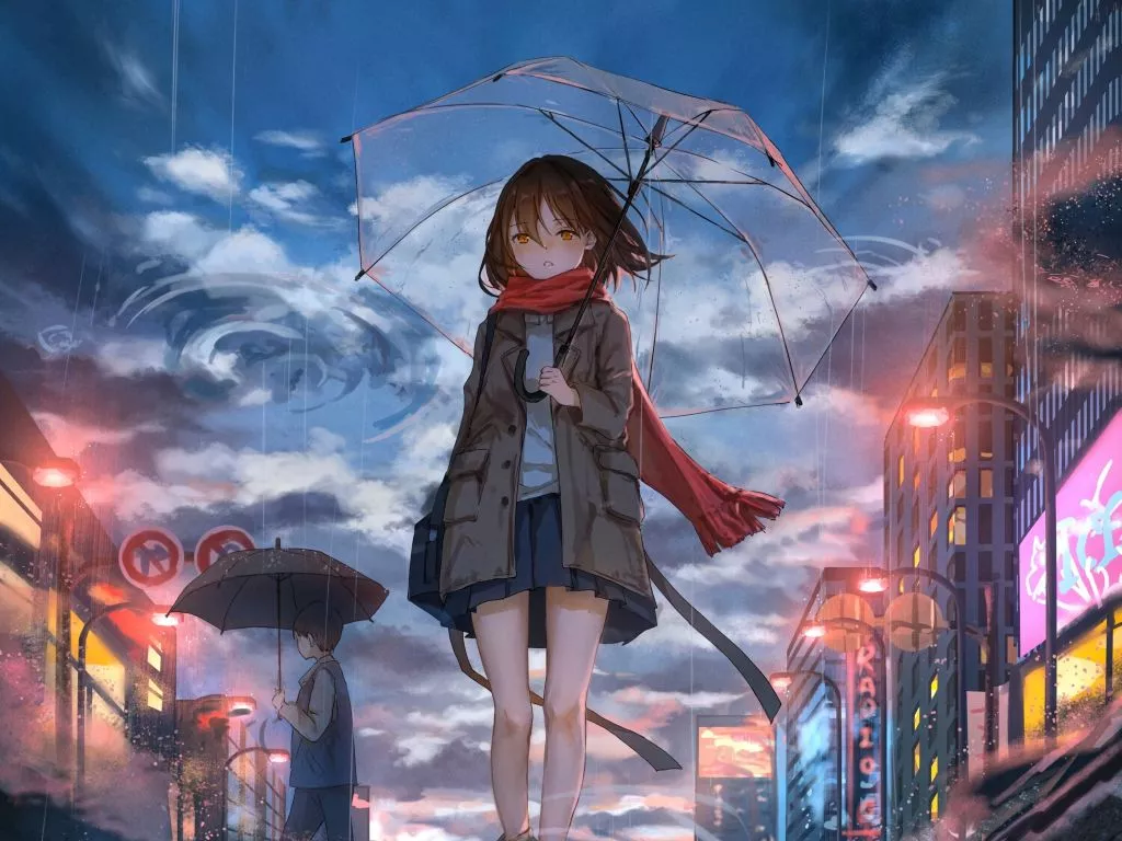 Wallpaper girl with umbrella, rain