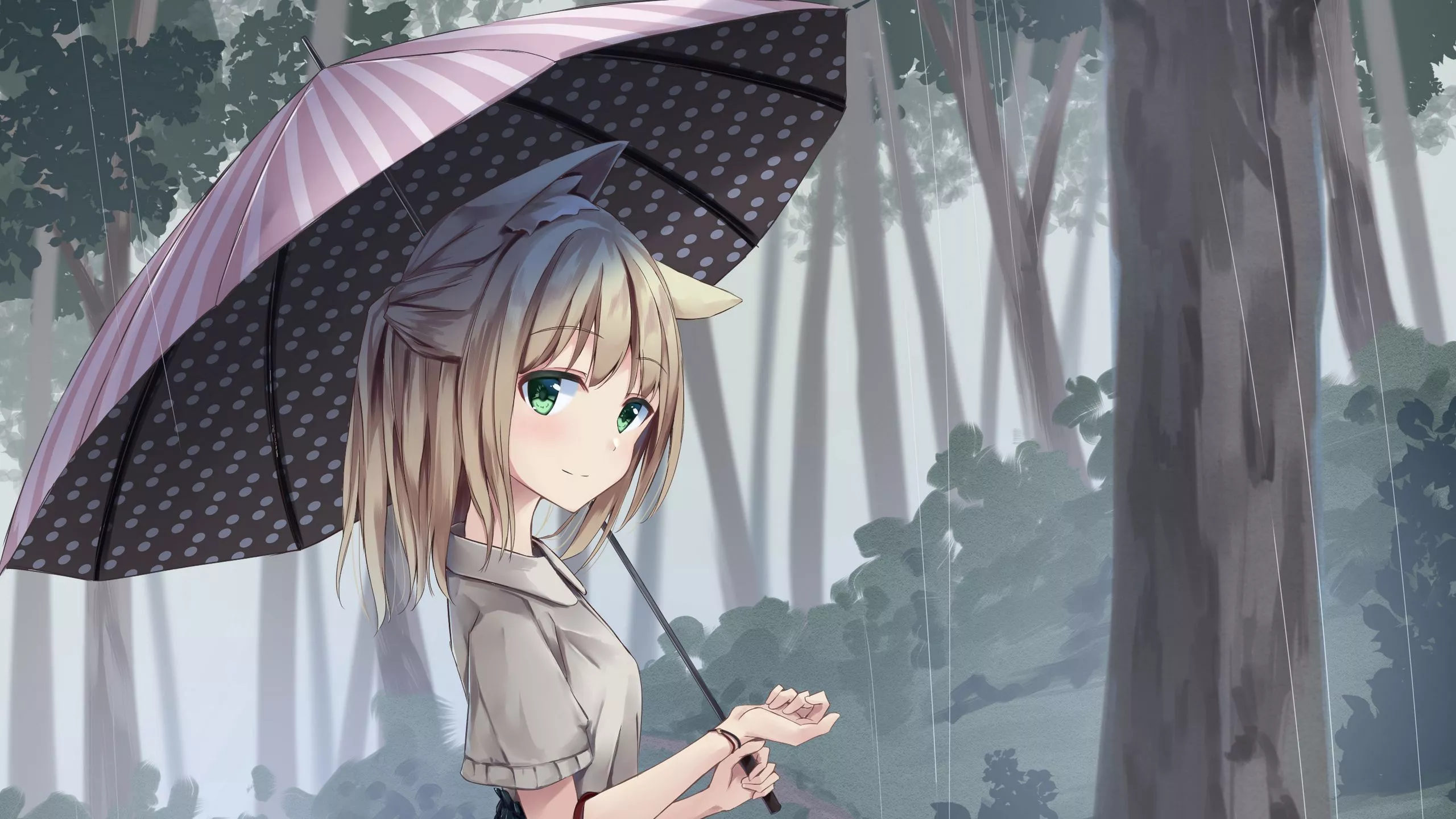 Green Eyes Anime Girl Under Umbrella