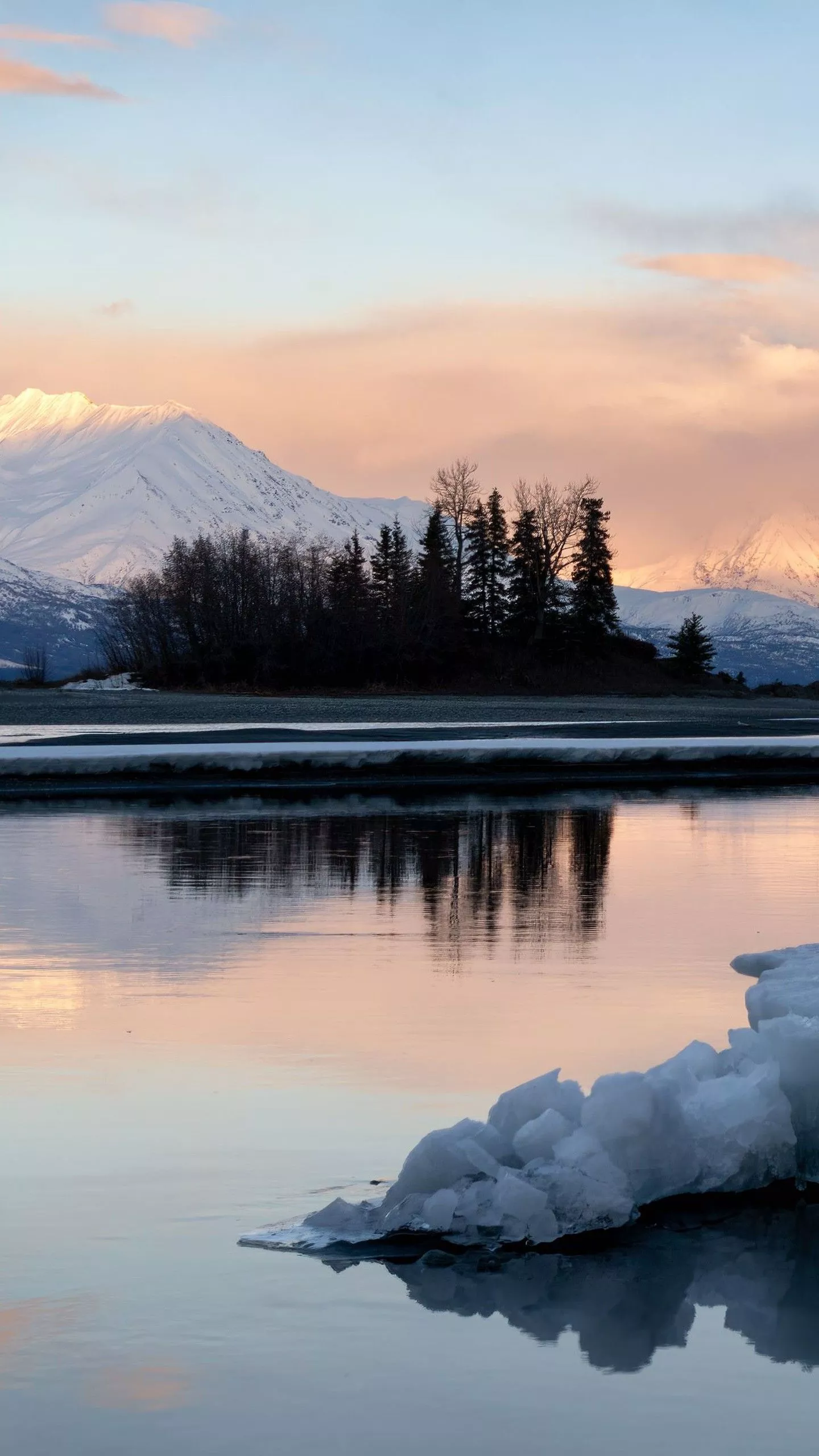 River, Ice, Mountains, Snow, Trees