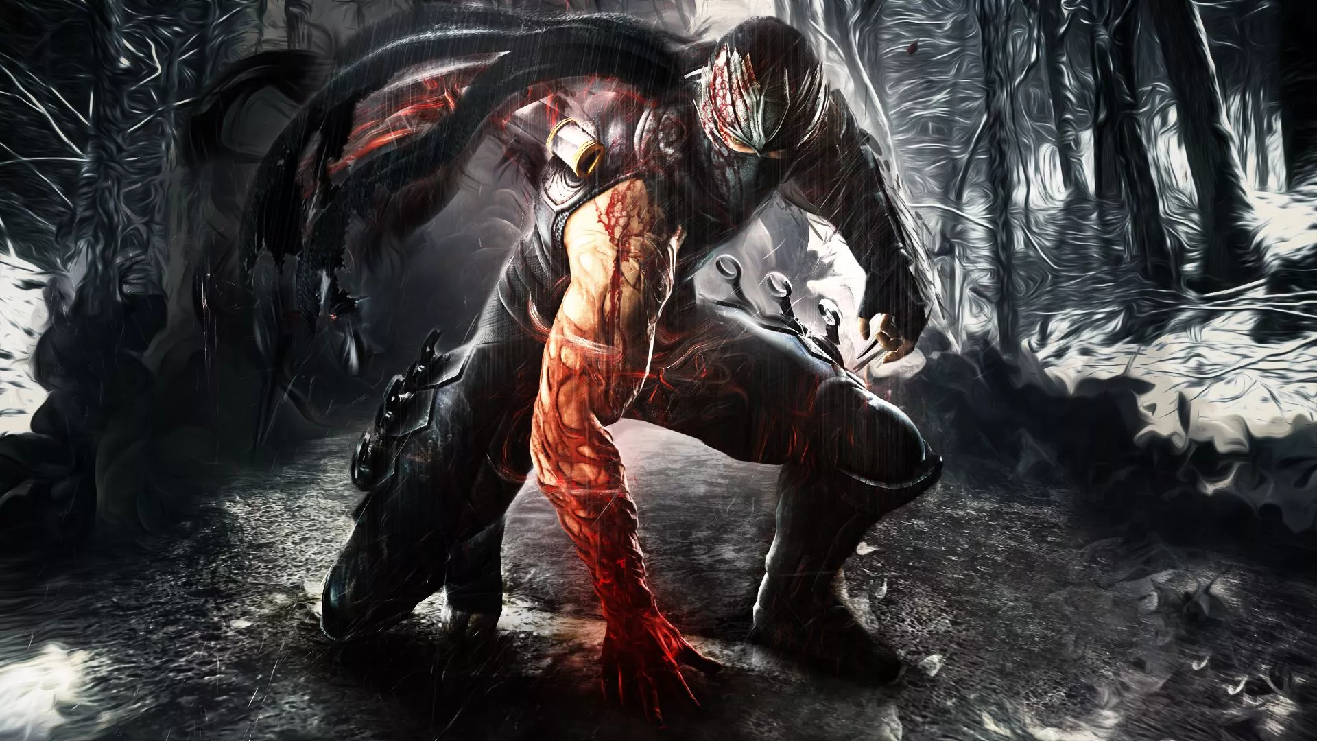 Wallpaper weapons, rain, blood, armor