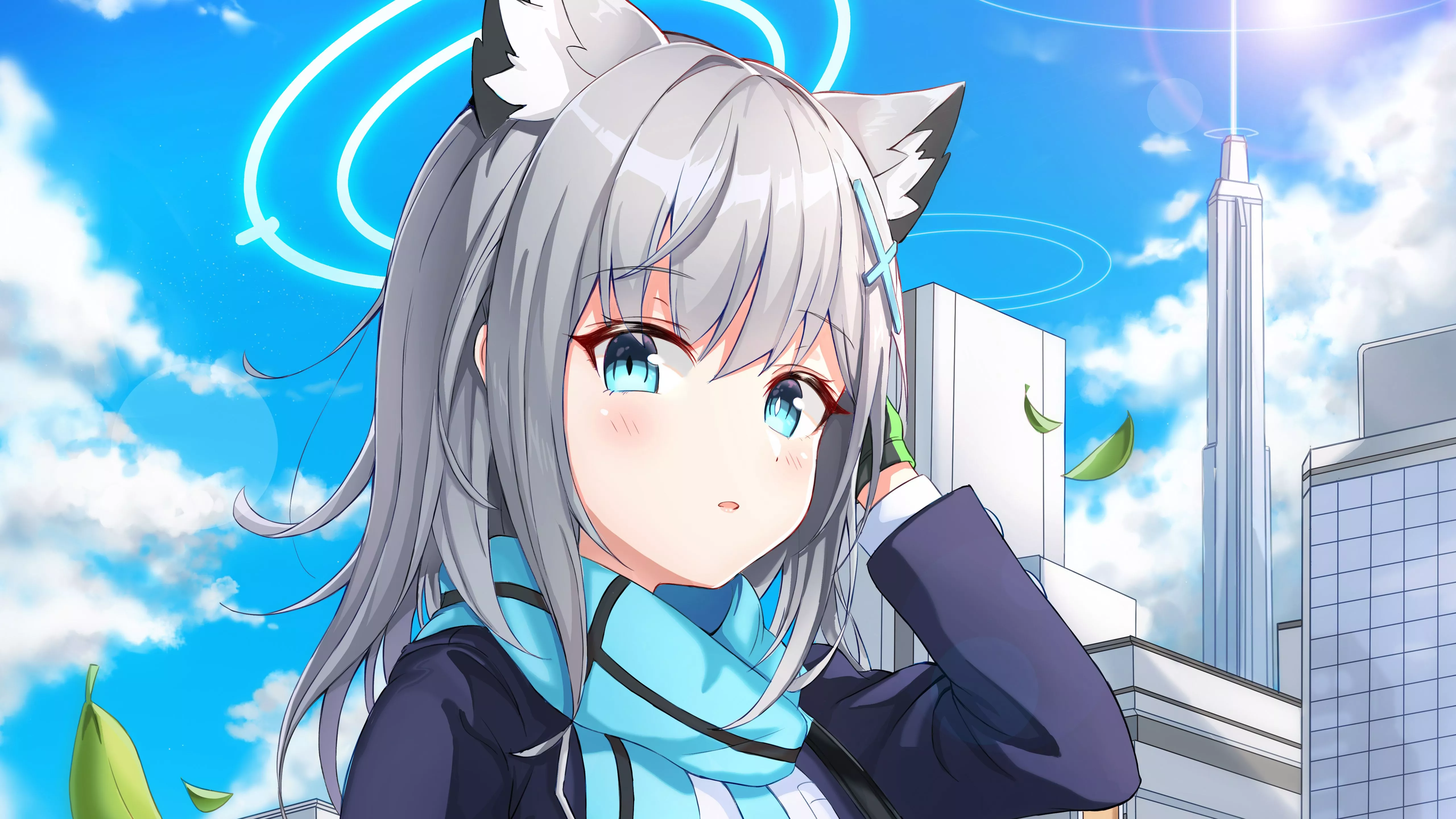 Blue Eyes Neko Ears White Hair Anime Girl With Blue Scarf Sky Background 4K 5K HD Anime Girl Wallpaper