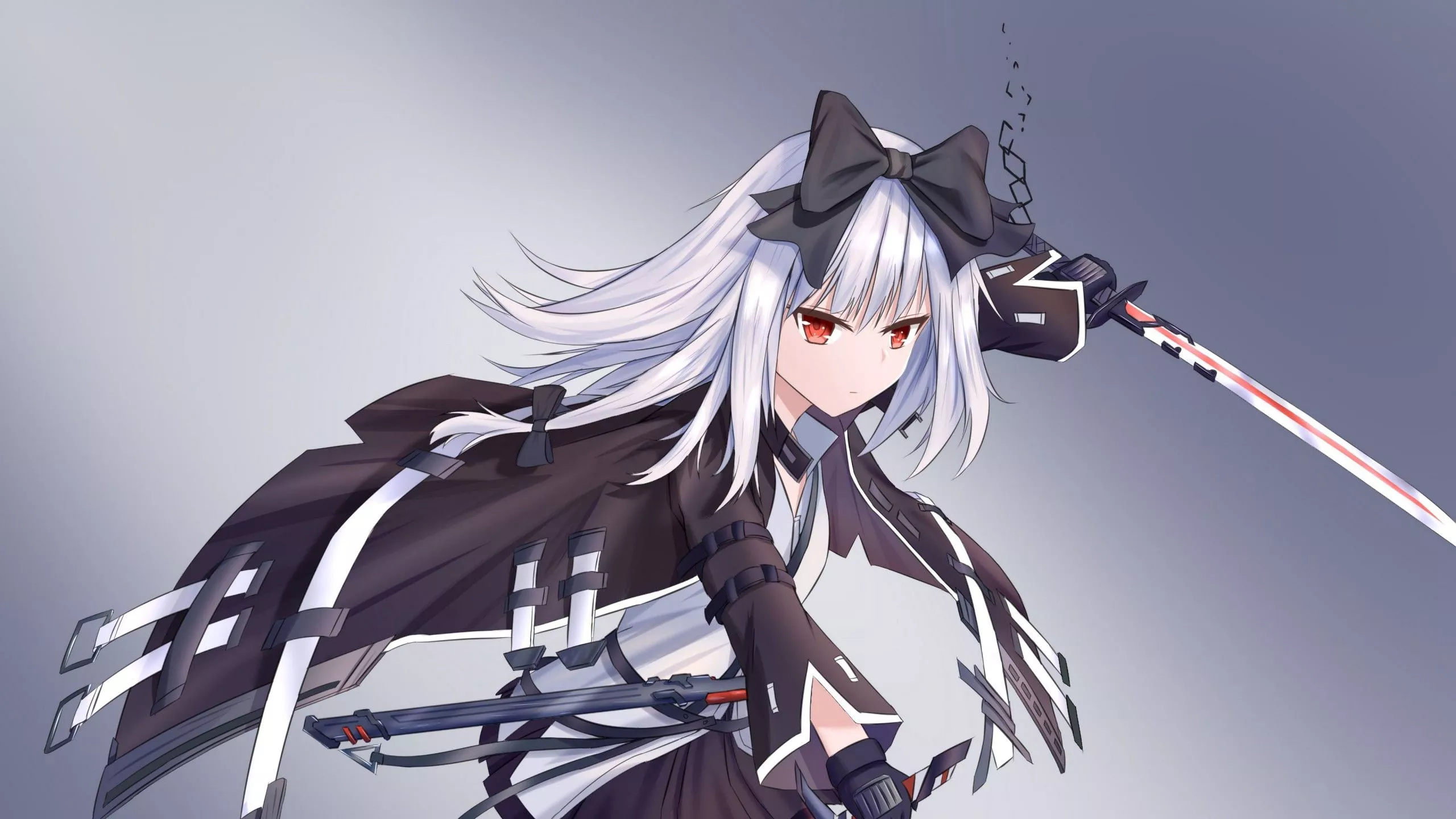 White Hair Anime Girl With Sword Black