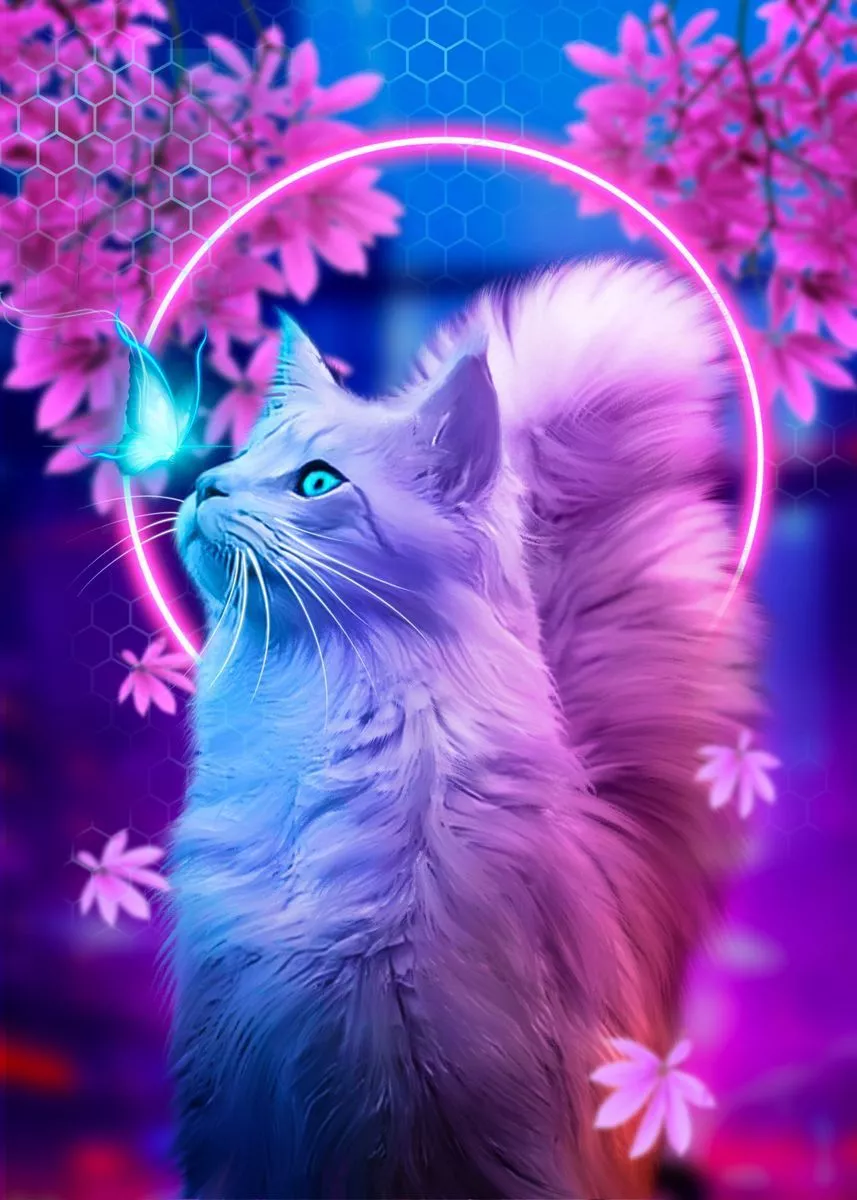 neon cat and butterfly' Poster, picture