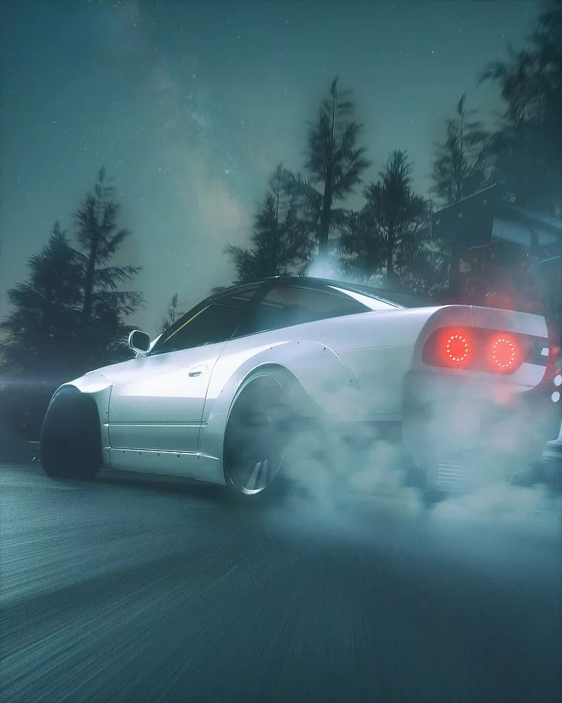 Car, white, drift, smoke, asphalt, HD