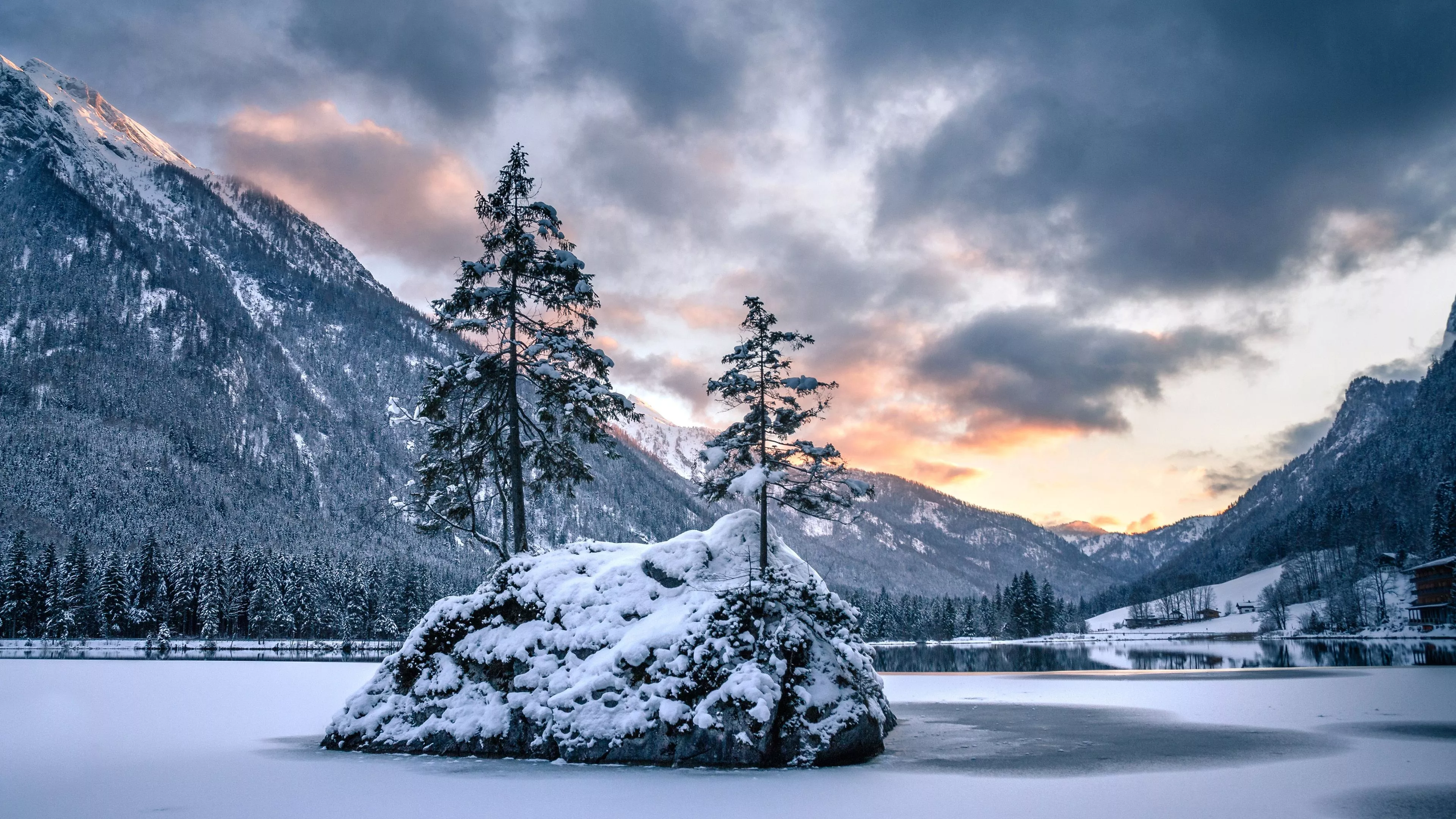 Snow Covered Island Lake Mountain