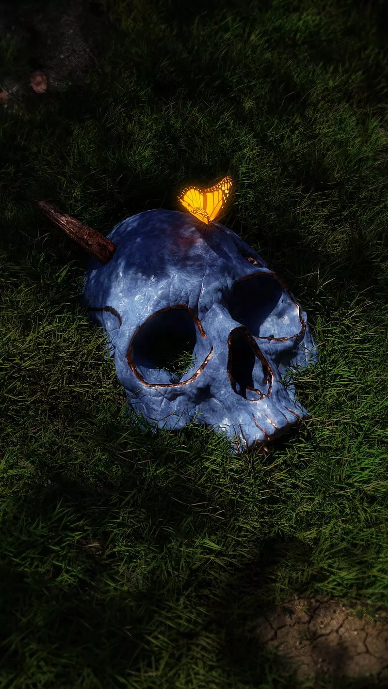 Skull, aesthetic, butterfly, dark