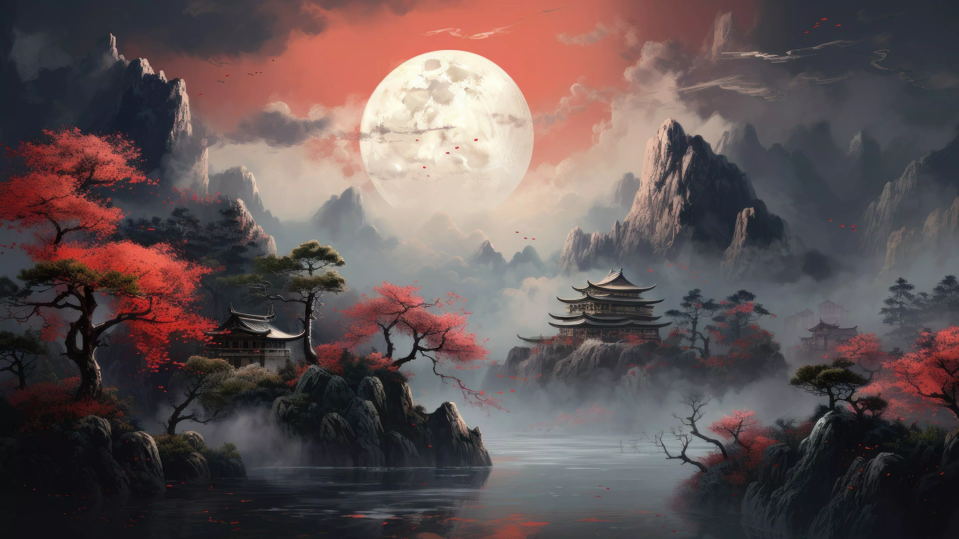 Japanese Mountain Painting 4K Wallpaper