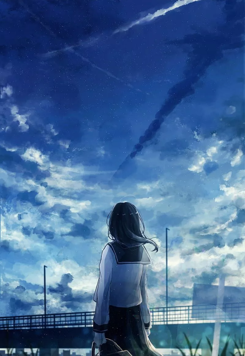 Anime landscape, school girl, back view