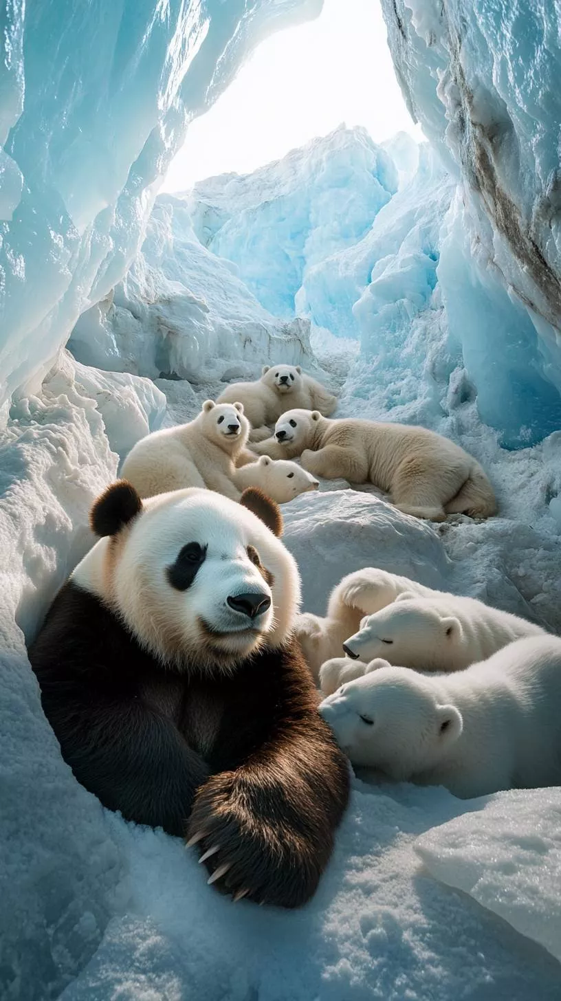 polar bears resting by an ice cave
