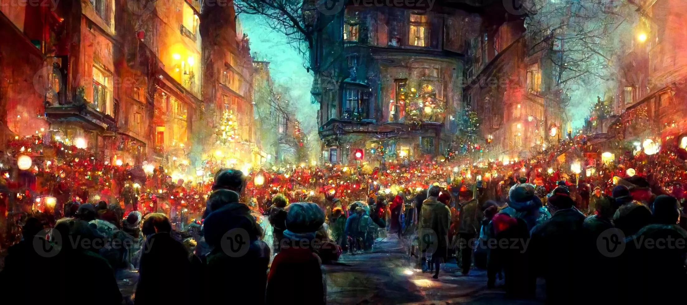illustration of night crowded christmas in european town street, winter abstract landscape. Christmas scene. Banner header. Digital art