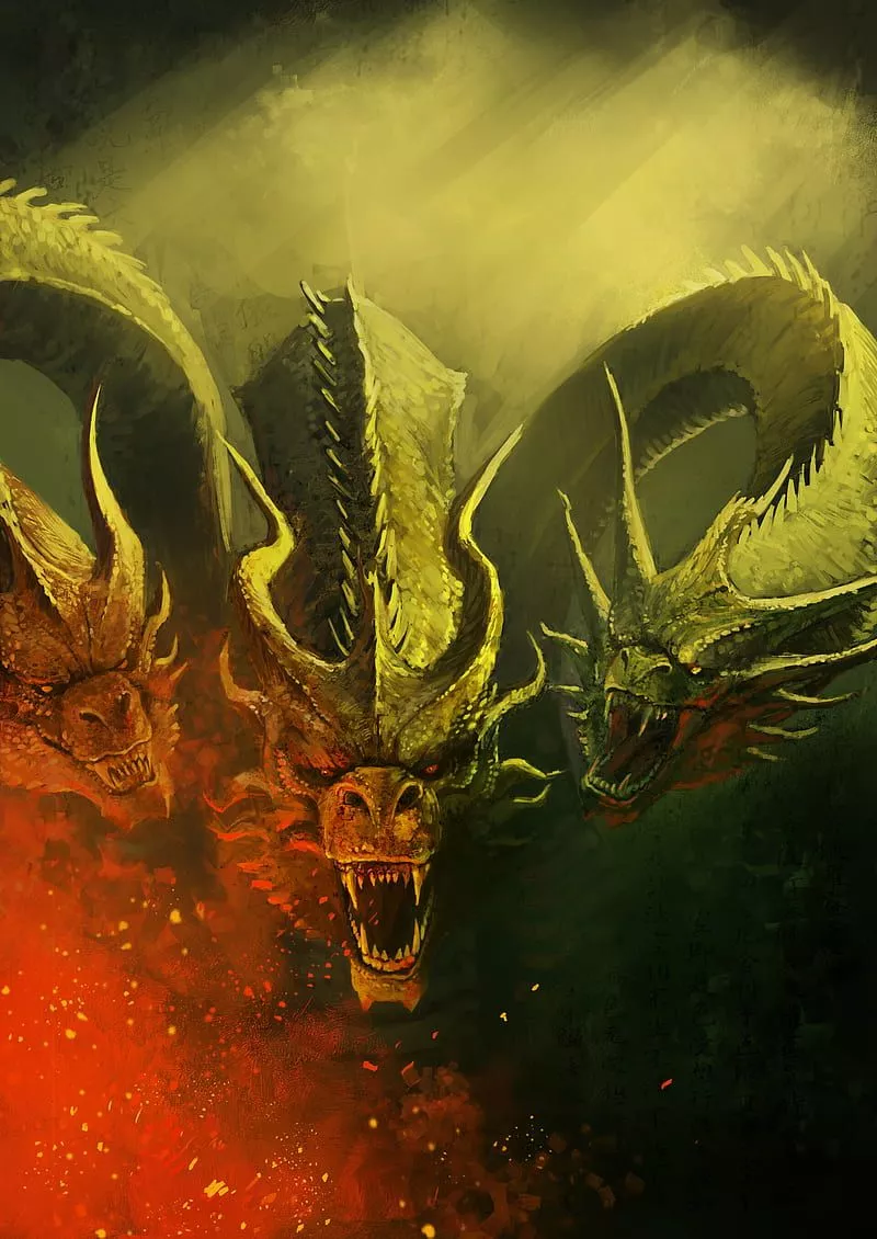Digital art, artwork, King Ghidorah