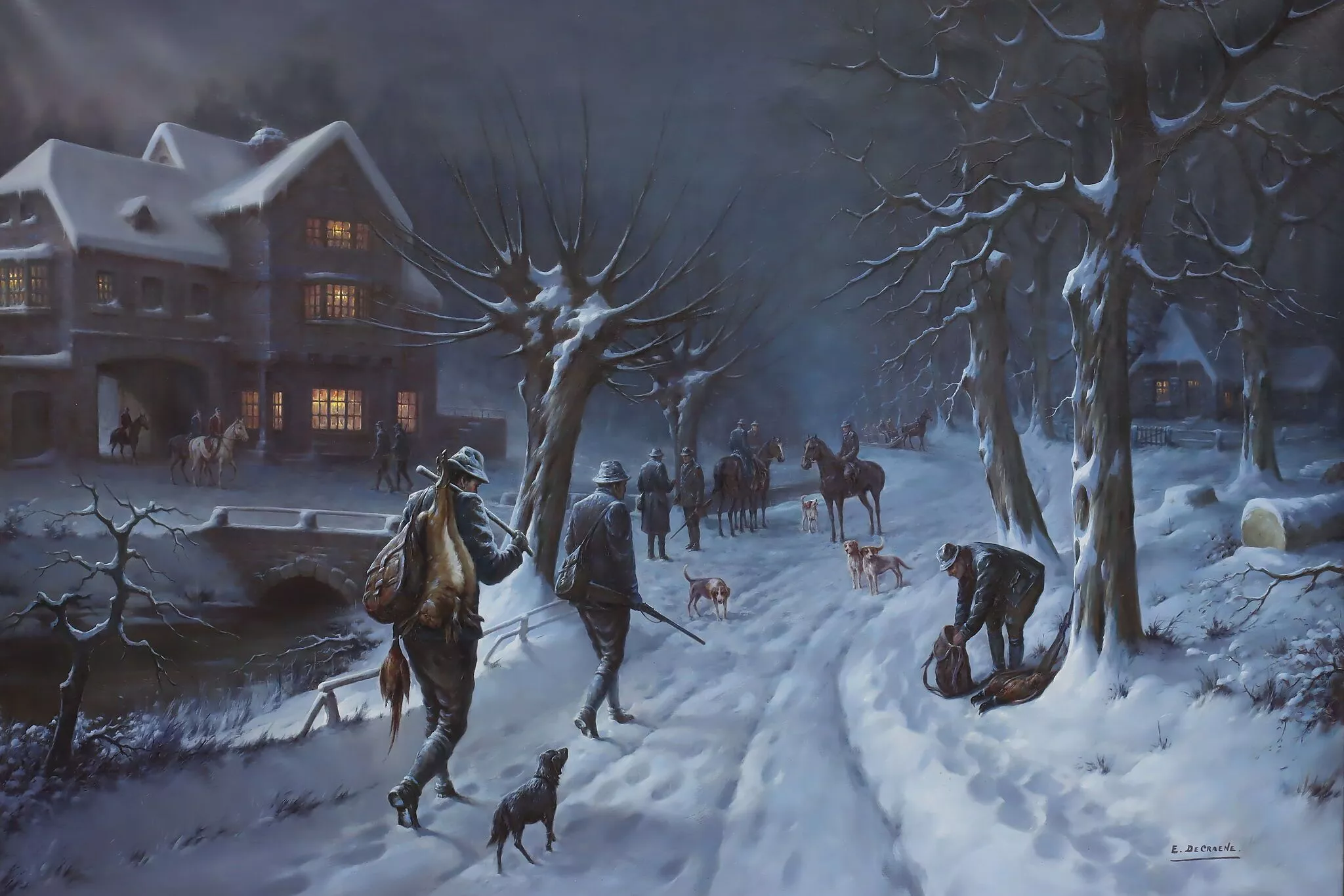 Hunters in Winter Vintage Original Oil