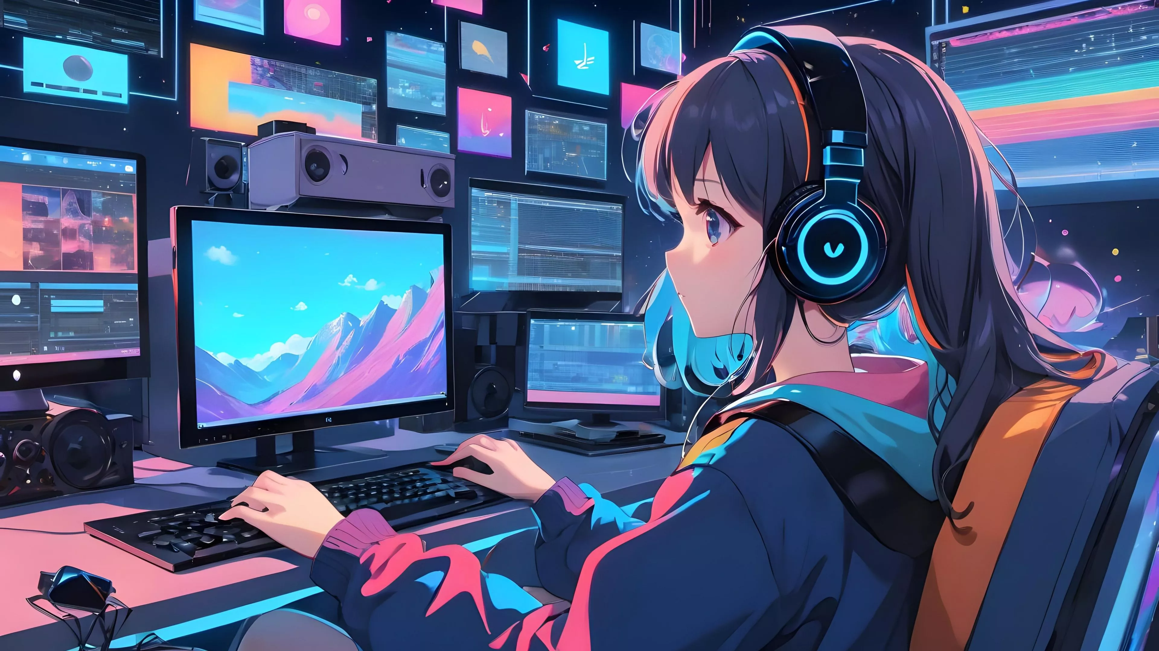 Anime girl Wallpaper 4K, Working, Lofi