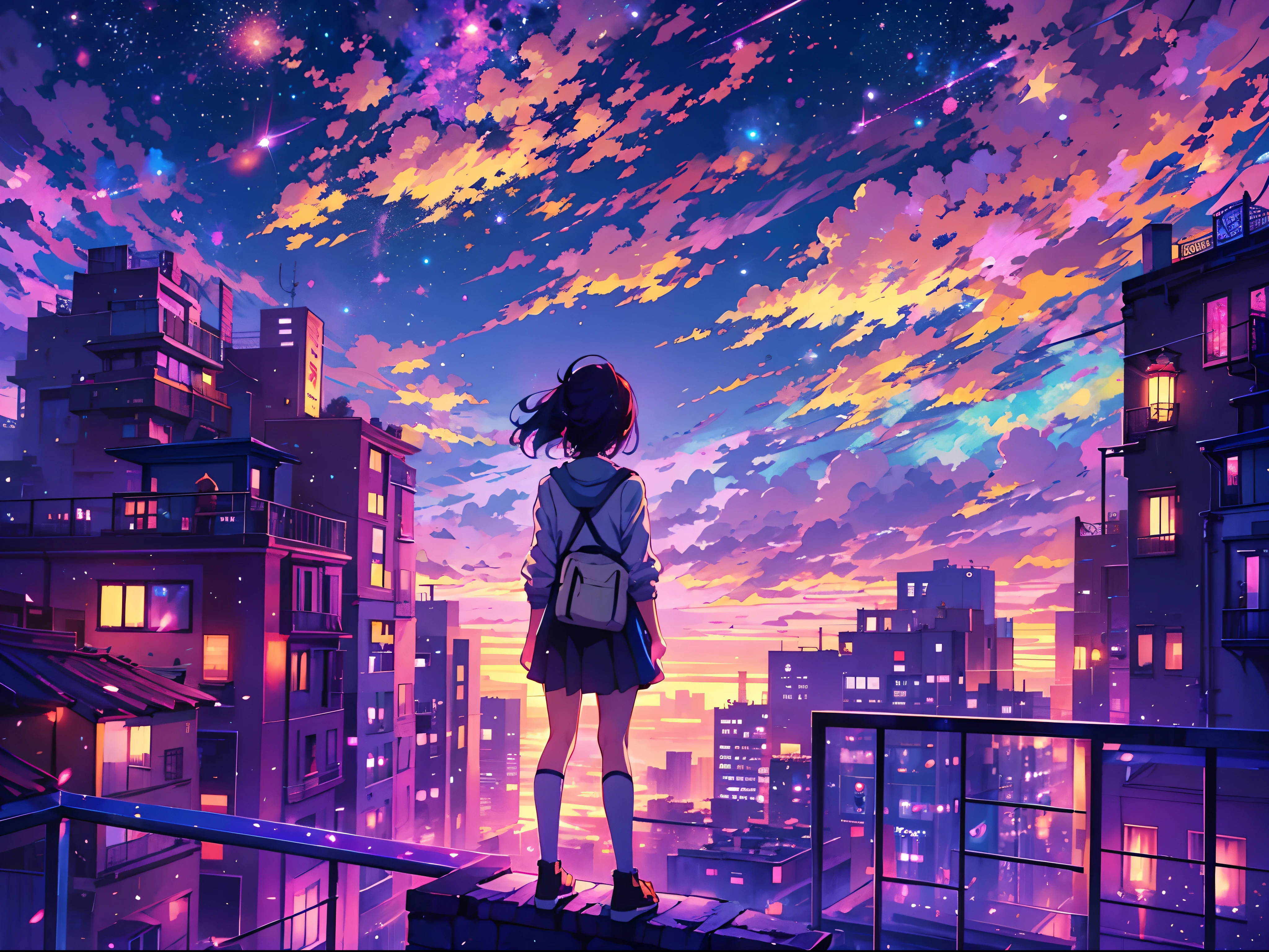 Anime girl looking at the city at night