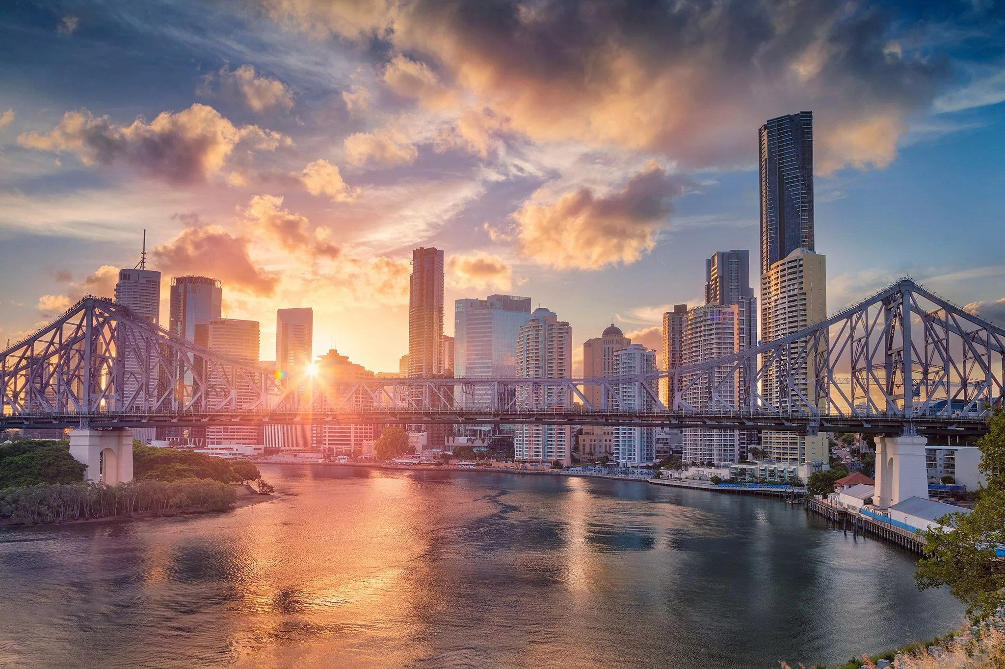 Wallpaper sunset, bridge, river