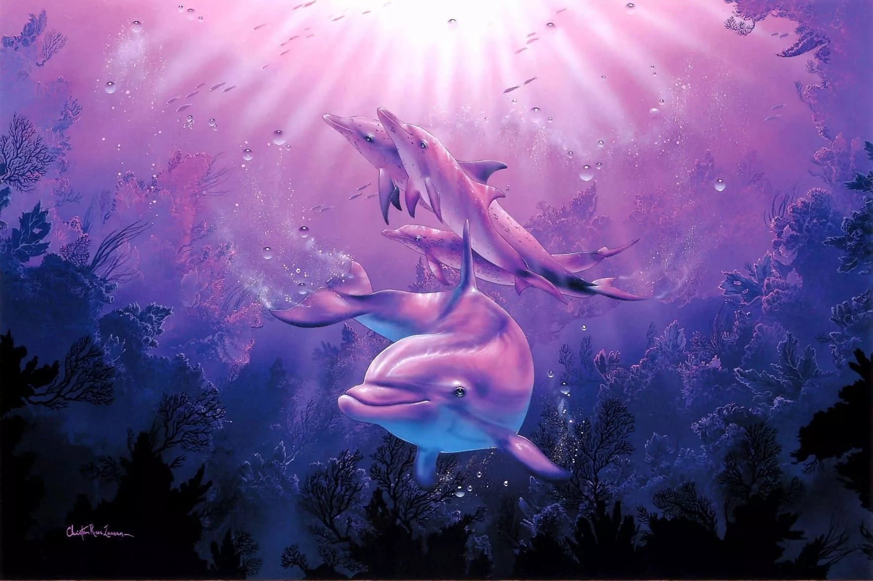 A Painting Of Two Dolphins Swimming