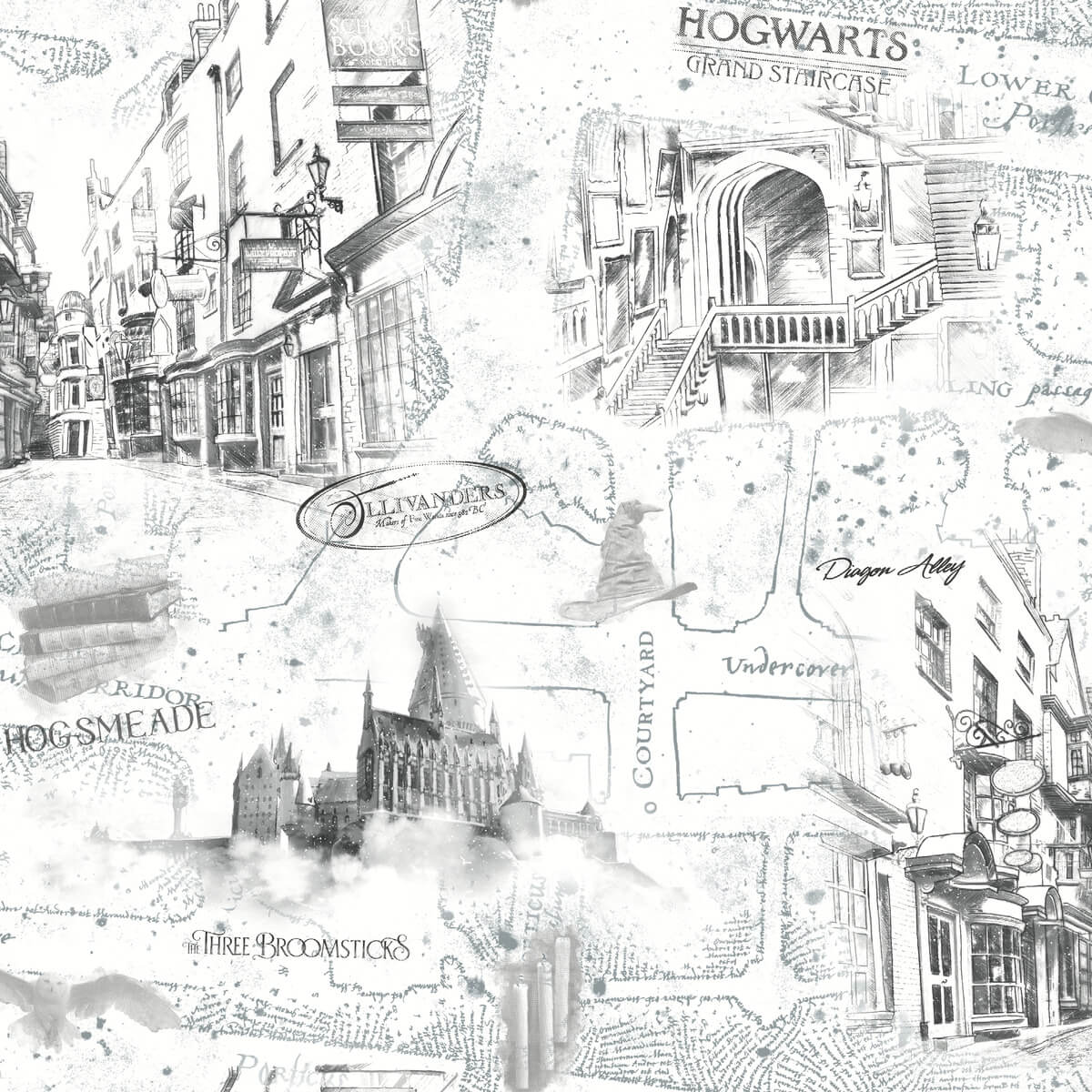 Harry Potter Hogwarts Map Peel & Stick Wallpaper & White