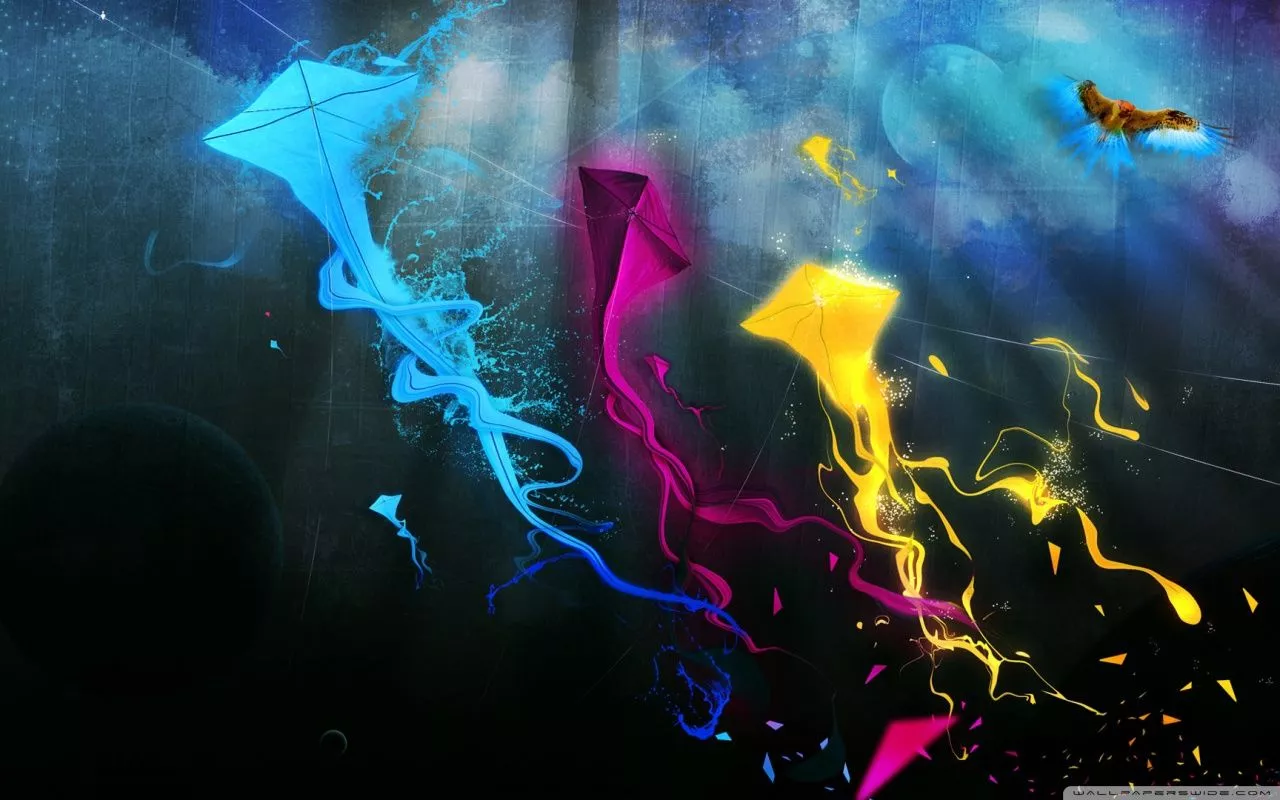 Cyan Magenta And Yellow Kites On
