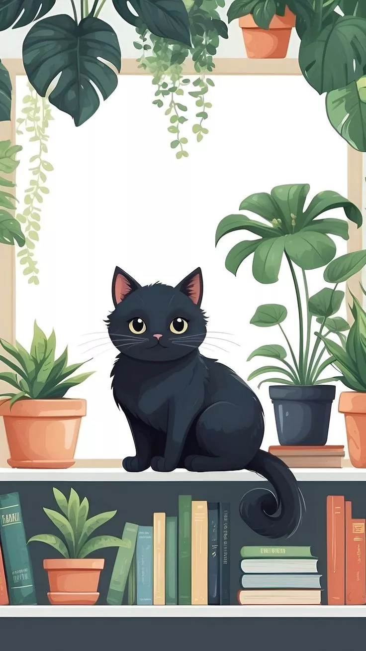 Wallpaper cat, flowers, plants, books