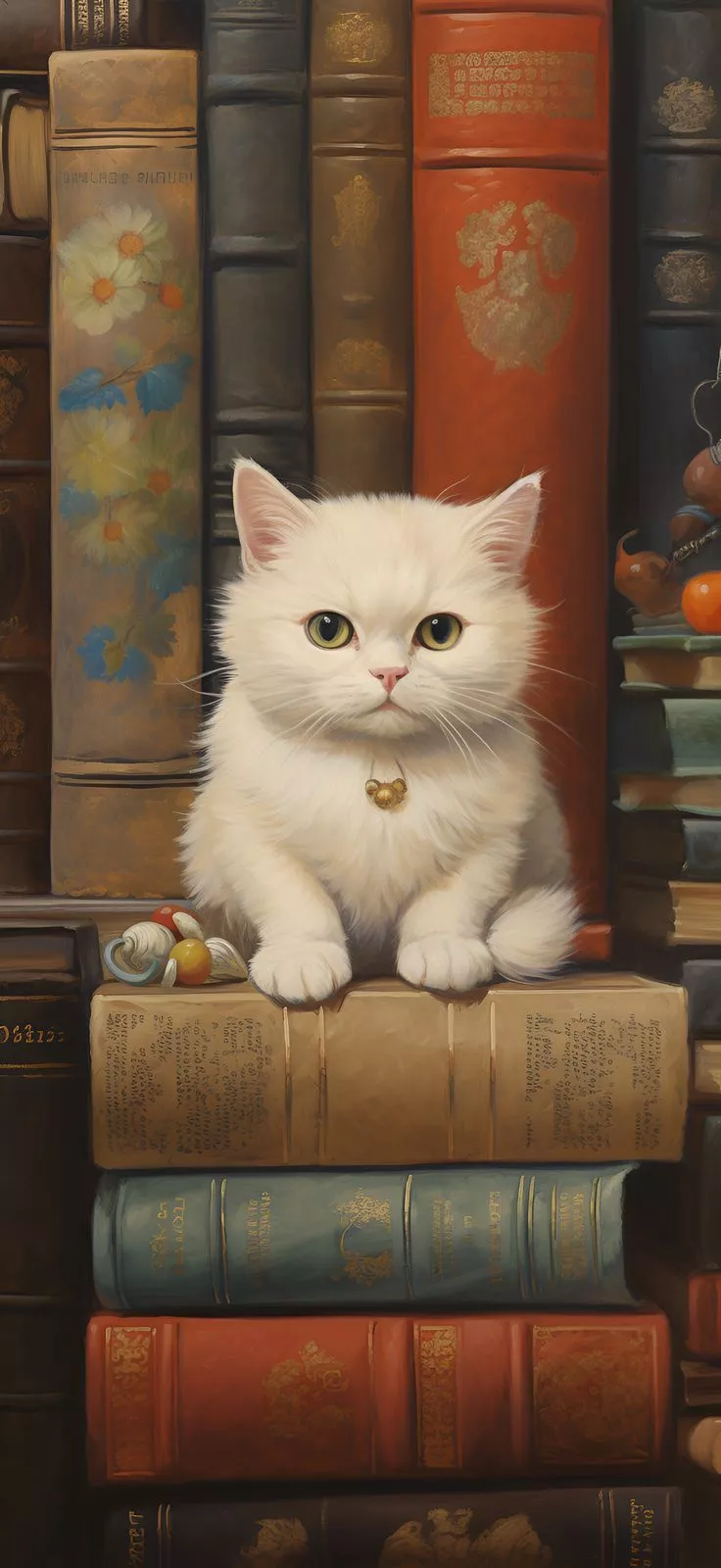 Tiny White Cat with Golden Pendant