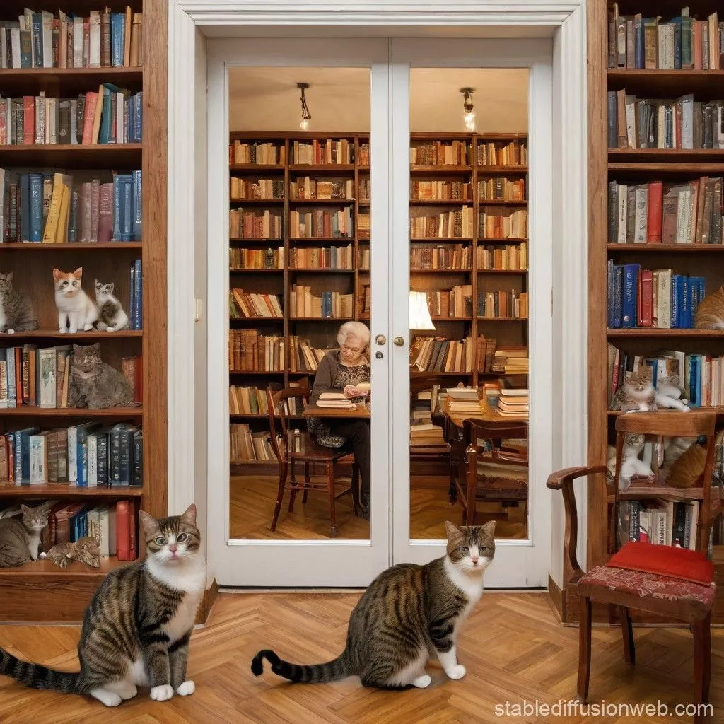 with 5 cats and books behind and green