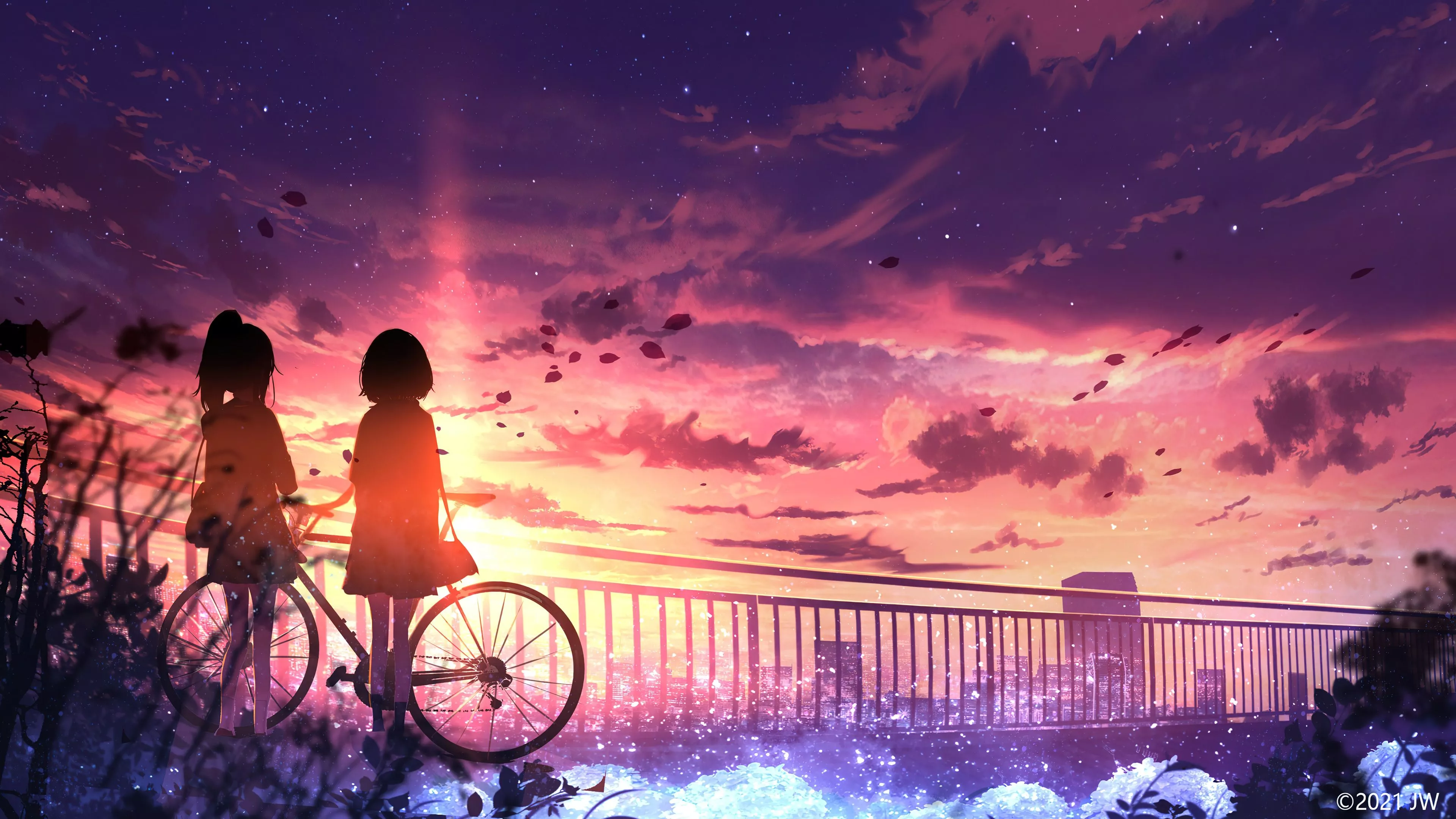 anime, girls, silhouette, sunset
