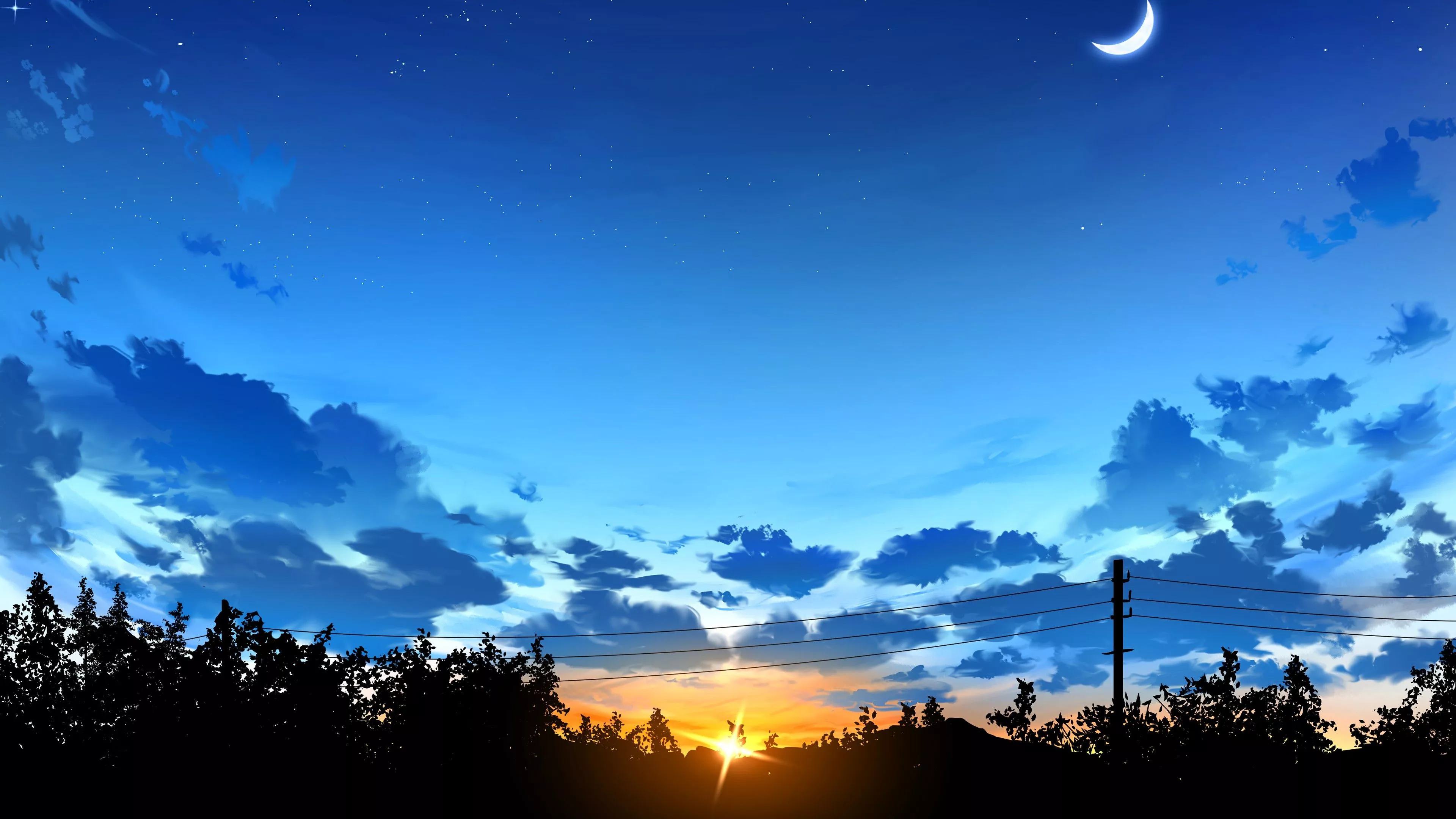 Anime Sunset Trees Forest Blue Sky Moon