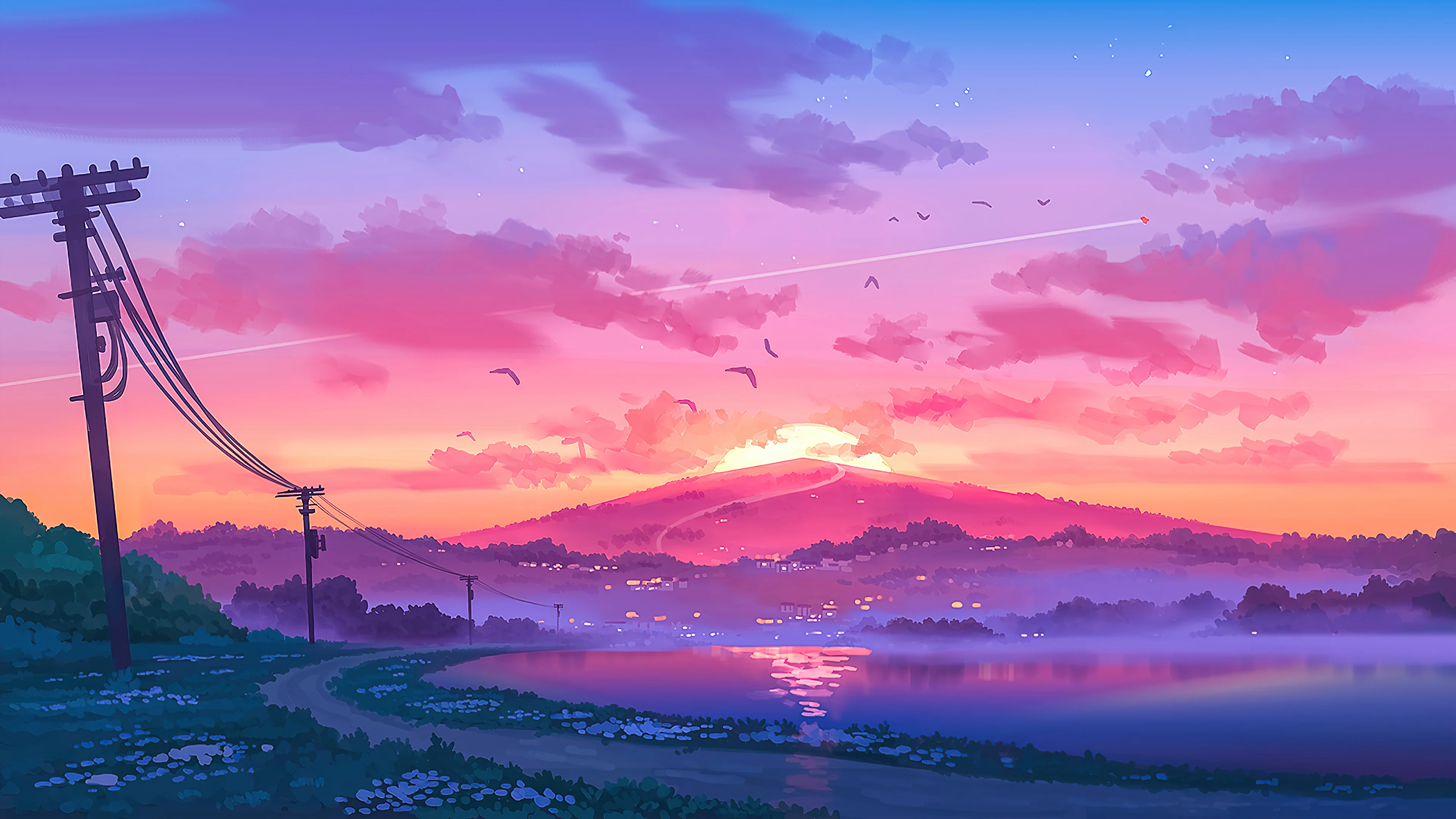 Sunset in the mountains Illustration Aesthetic Wallpaper 4k for Desktop