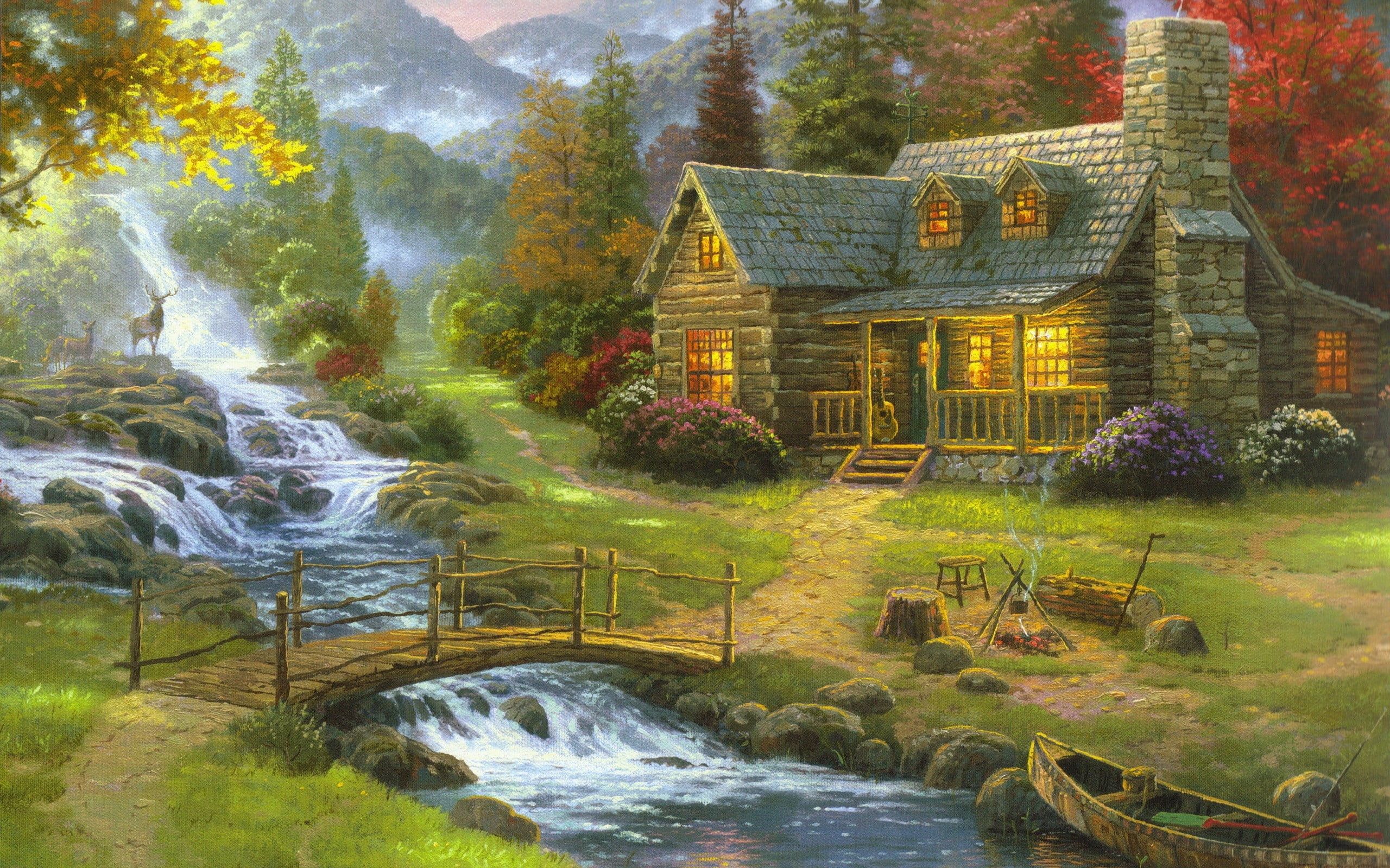 House near river painting, building