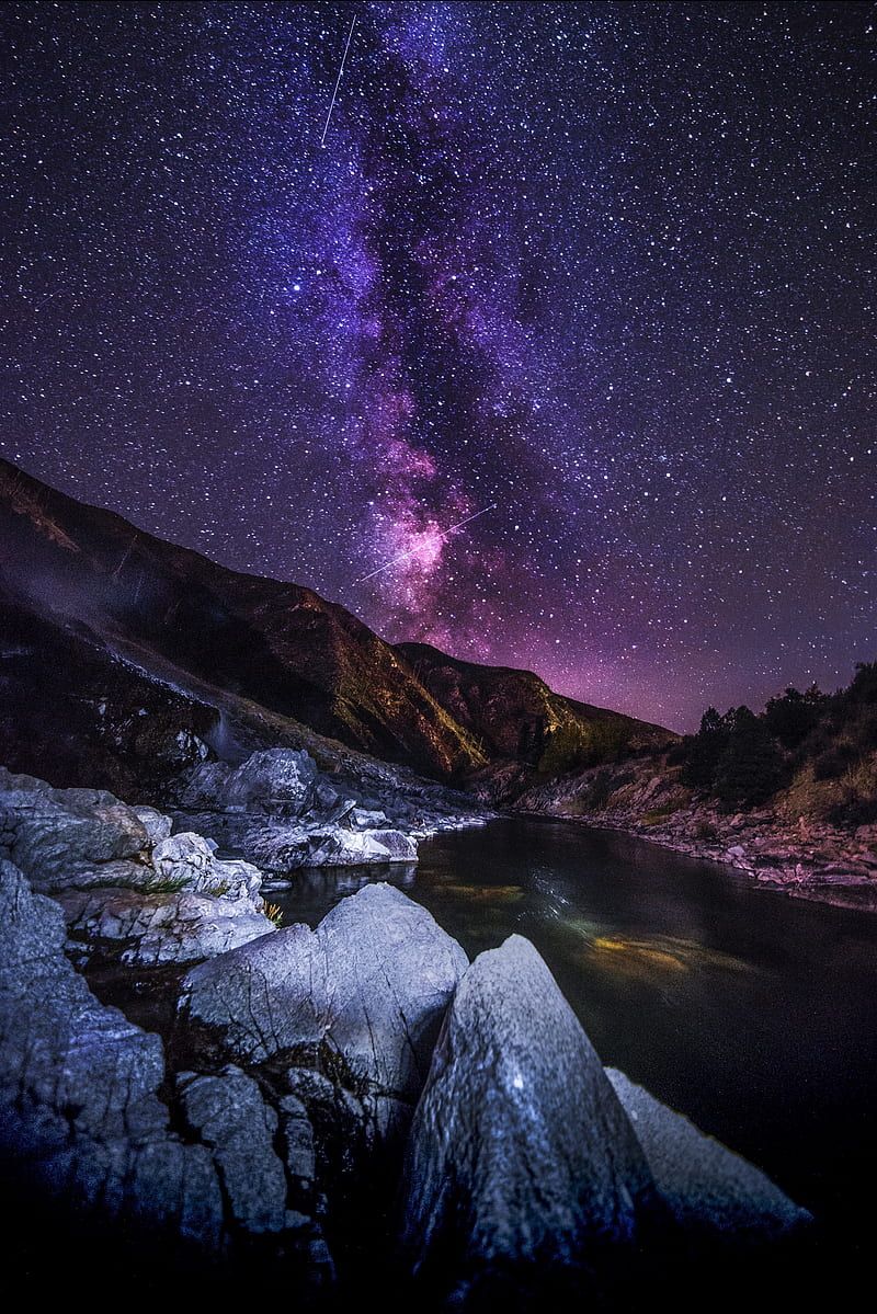 Mountains, river, night, starry sky