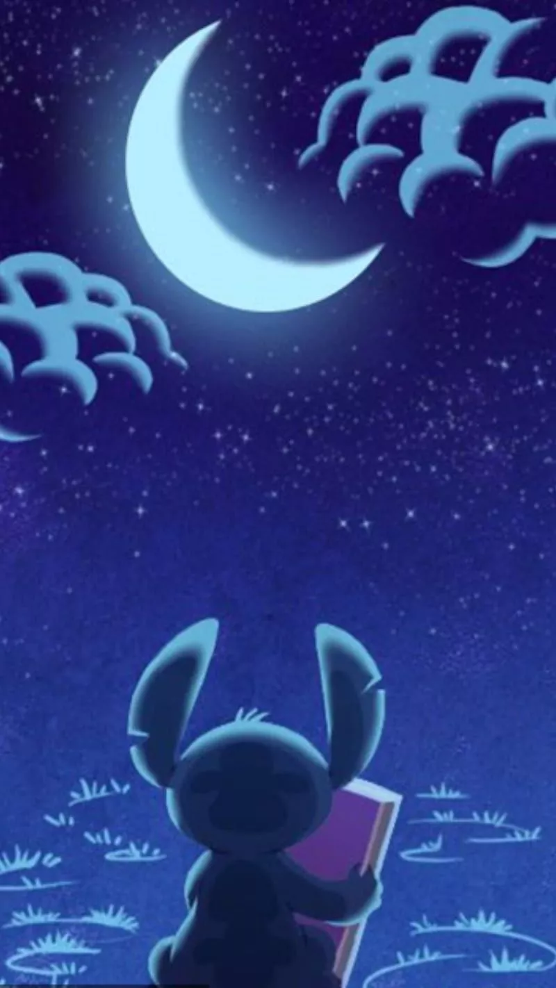 Stitch, blue, disney, moon, HD phone