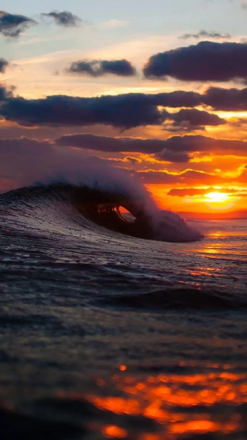 Sunset, surf, wave, beach, ocean