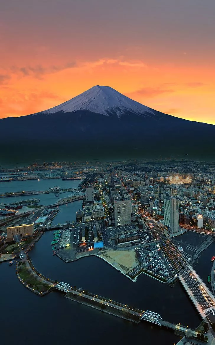 HD wallpaper: Mount Fuji, sunset, Tokyo, Japan, city, mountains, snowy peak