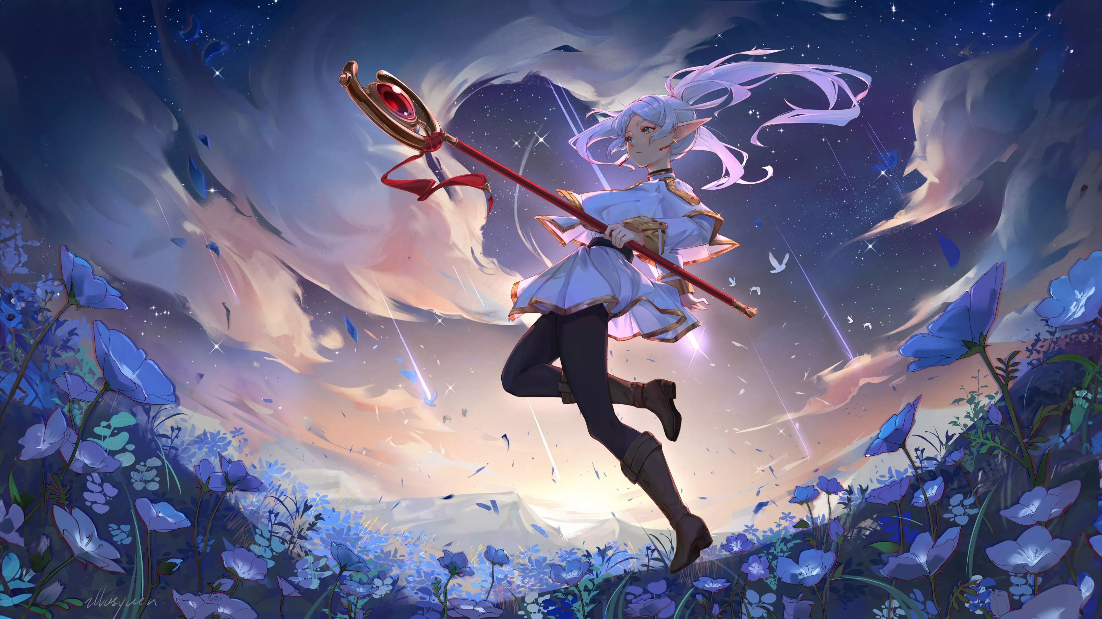 Frieren's Staff Wallpaper 4K, Anime girl, Frieren, Illustration