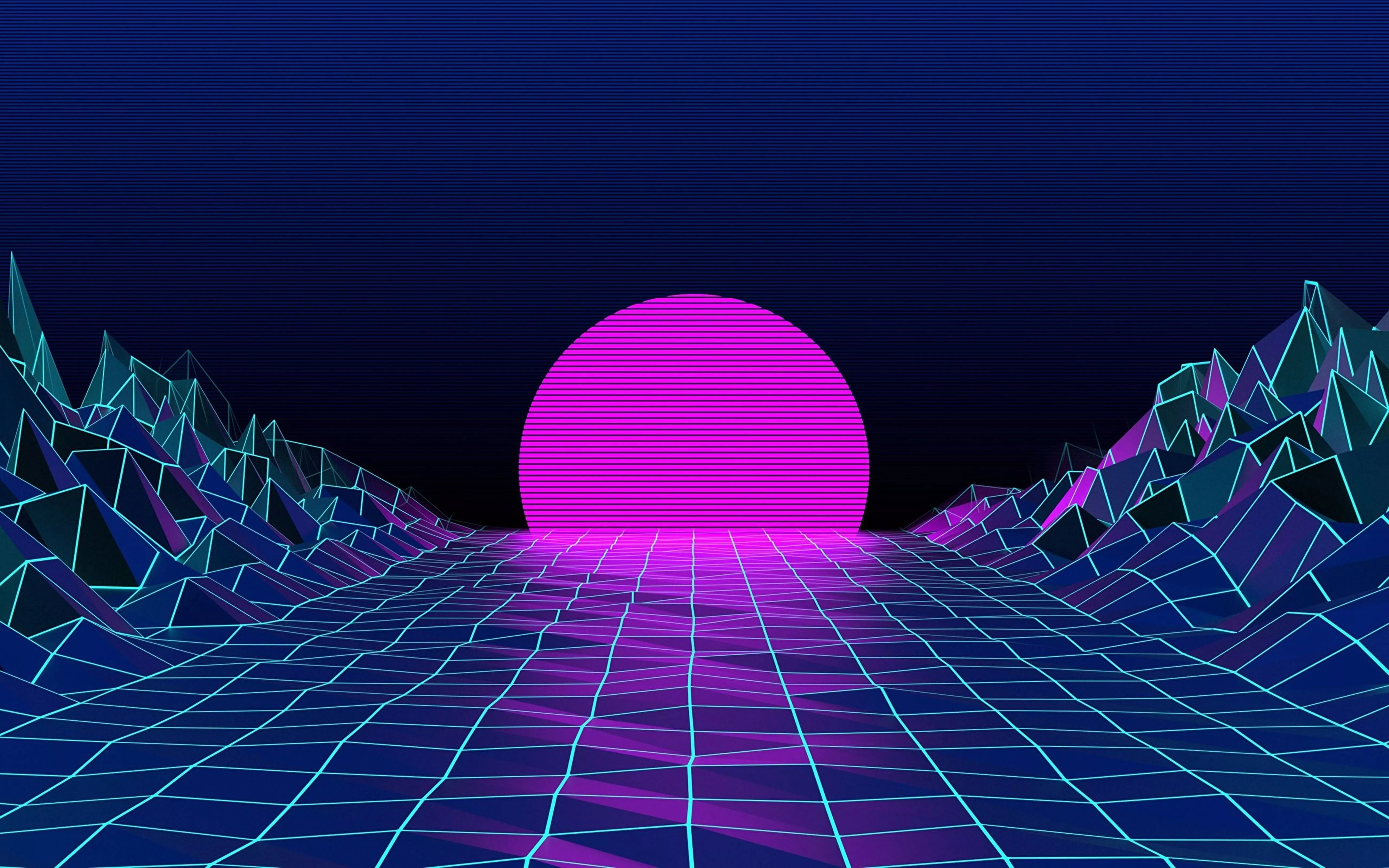 Retrowave Neon Purple Moon Grid Field