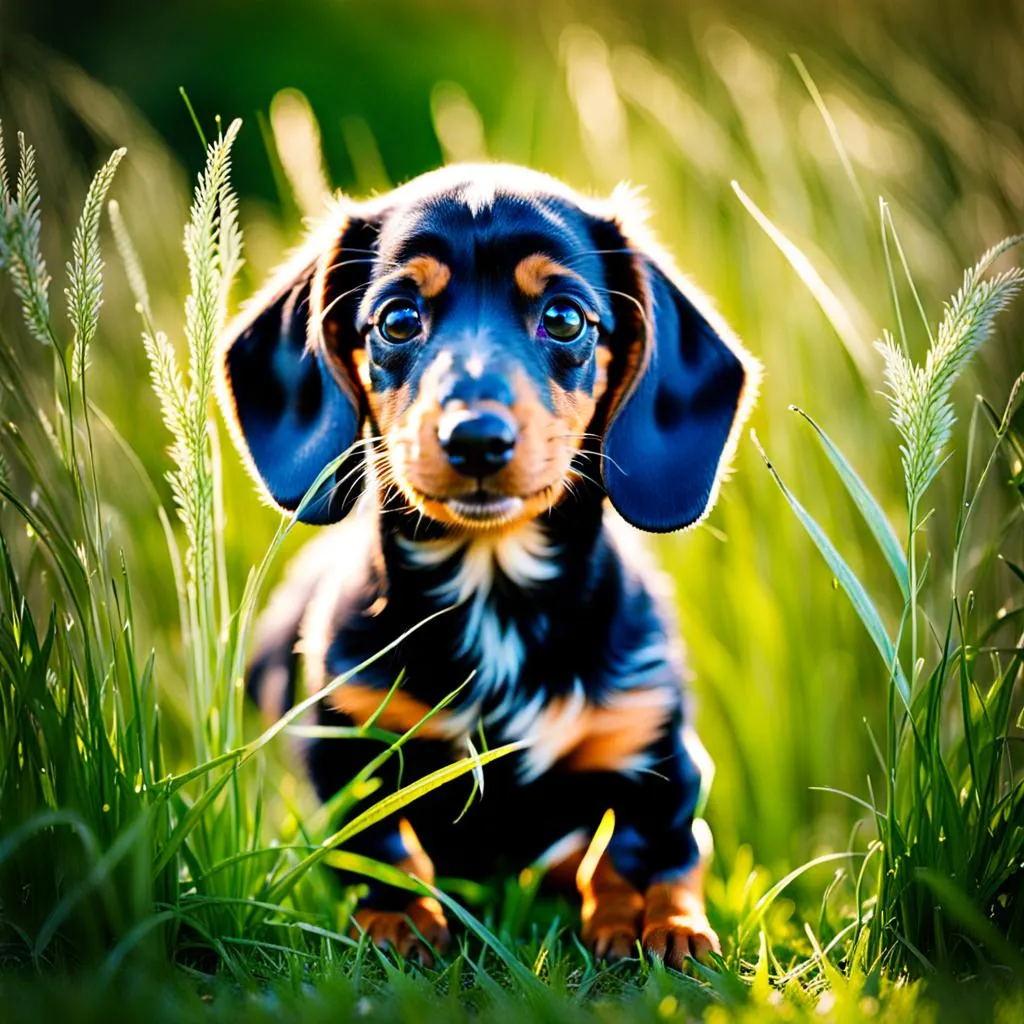 Dapple Dachshund Puppy Emerge from Tall