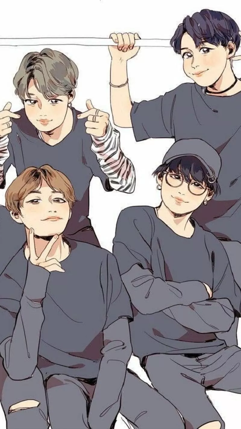 Bts V Cartoon, Bts Anime In Gray Shirts