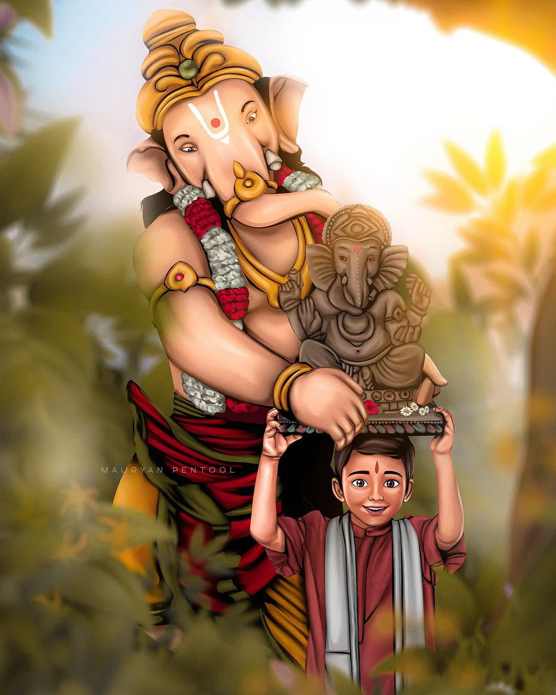Child with Ganesh idol. Ai HD Wallpaper