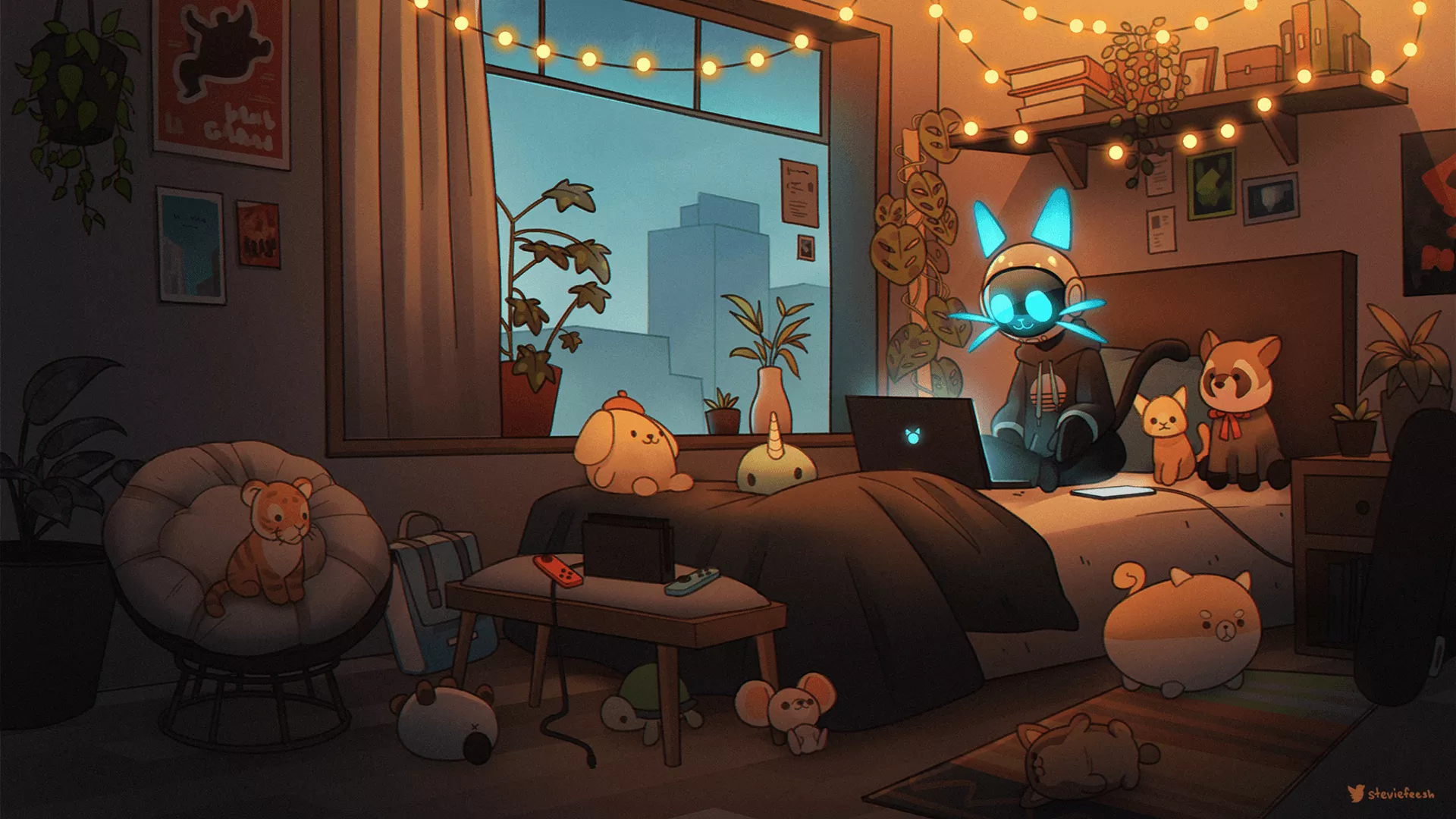 Cozy Lofi Room Cartoon Wallpaper