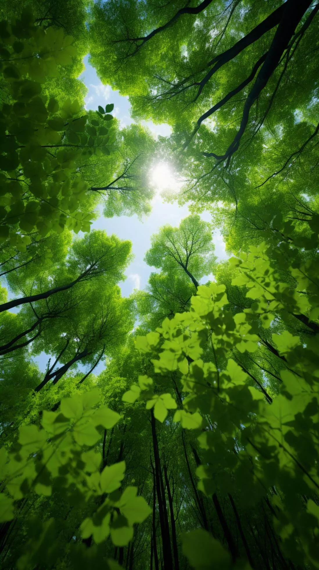 Green canopy View of forest trees from below into the sky Vertical Mobile Wallpaper