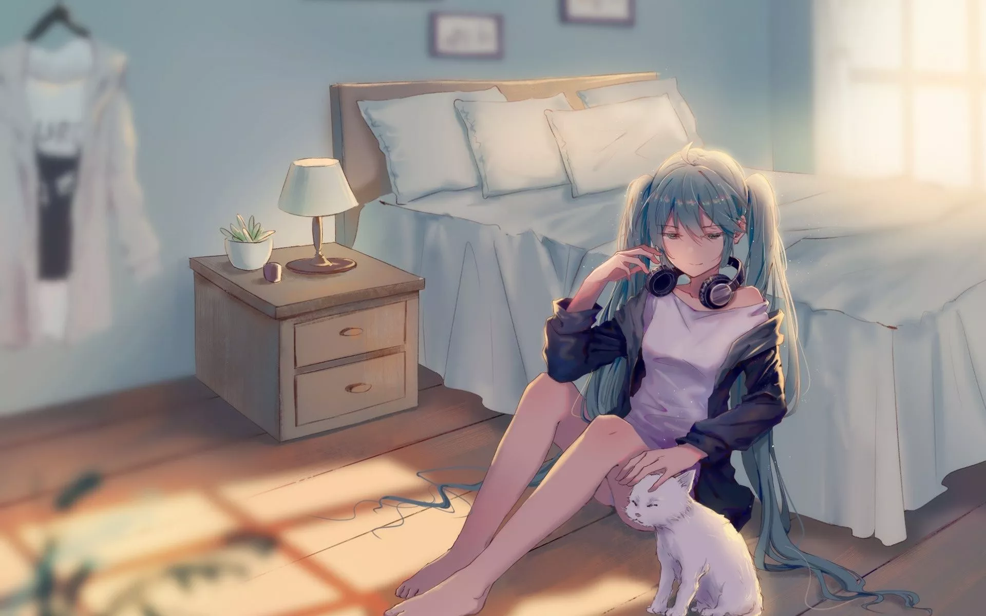 Wallpaper cat, girl, room, bed, pillow