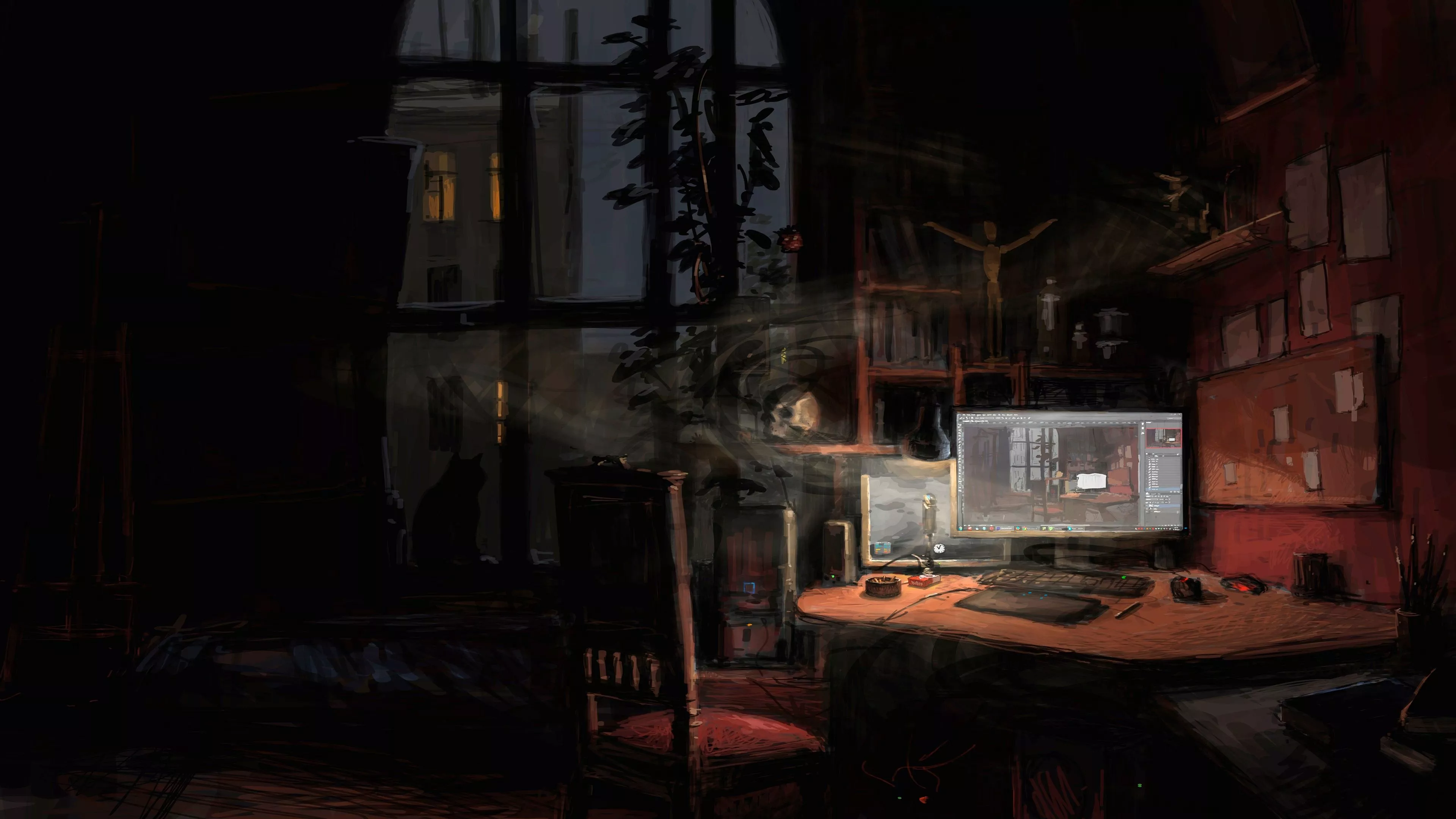 Dark room with computer