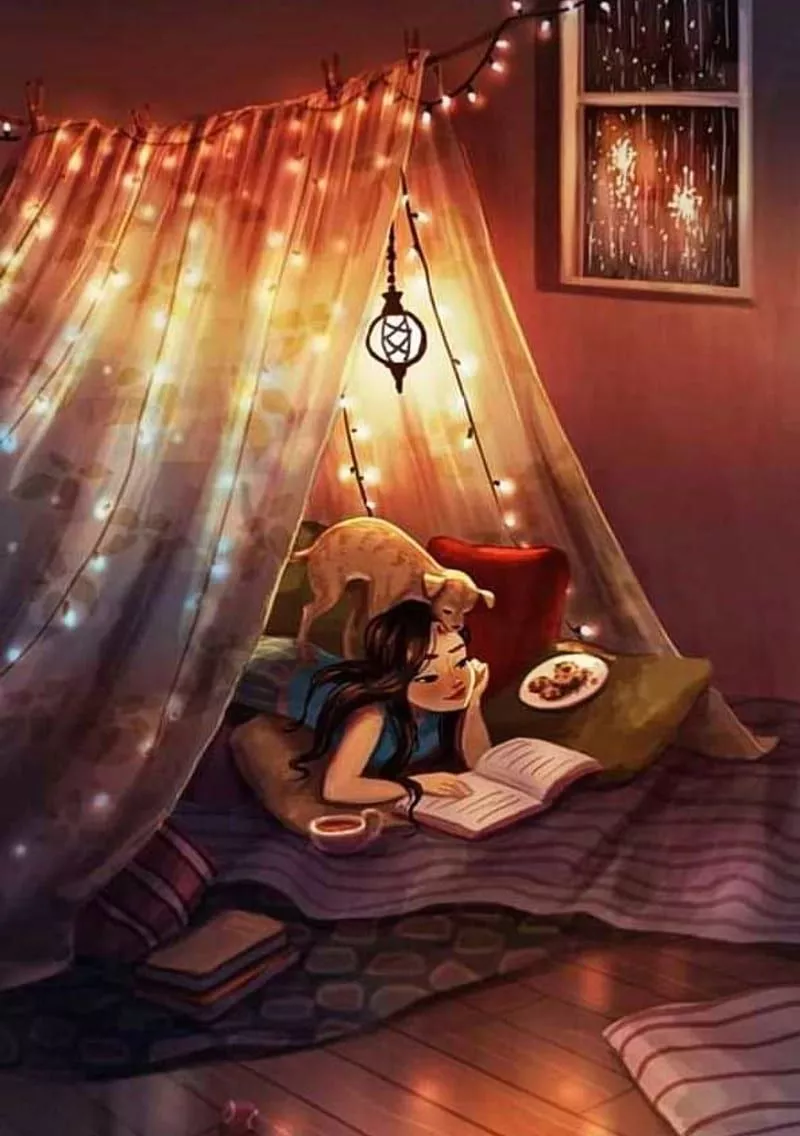 Cozy, book, cozy, dog, fort, girl, happy, lights, night, reading, relaxing, HD phone wallpaper