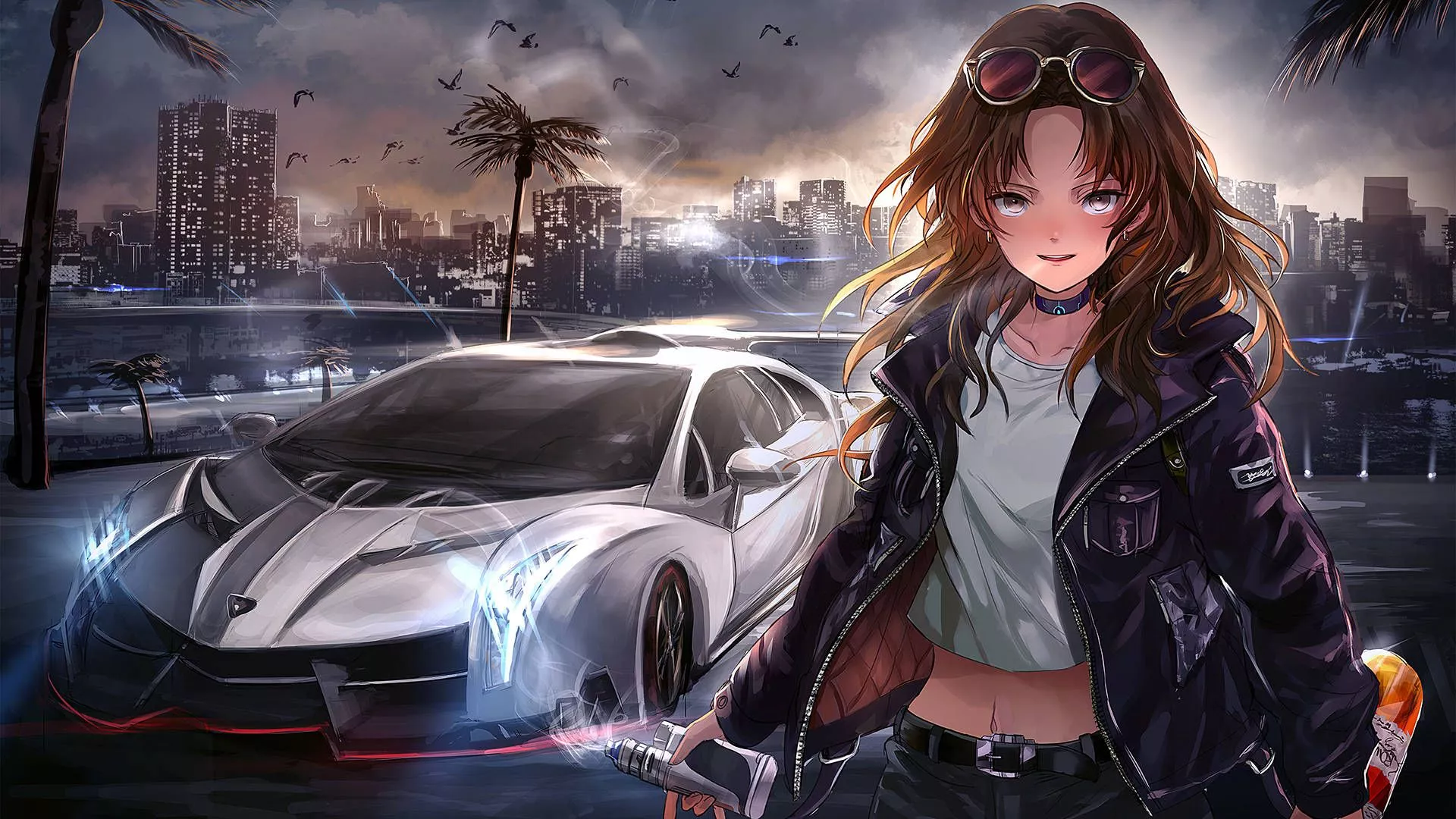 Download Woman With Sunglasses Next To Car Anime Wallpaper