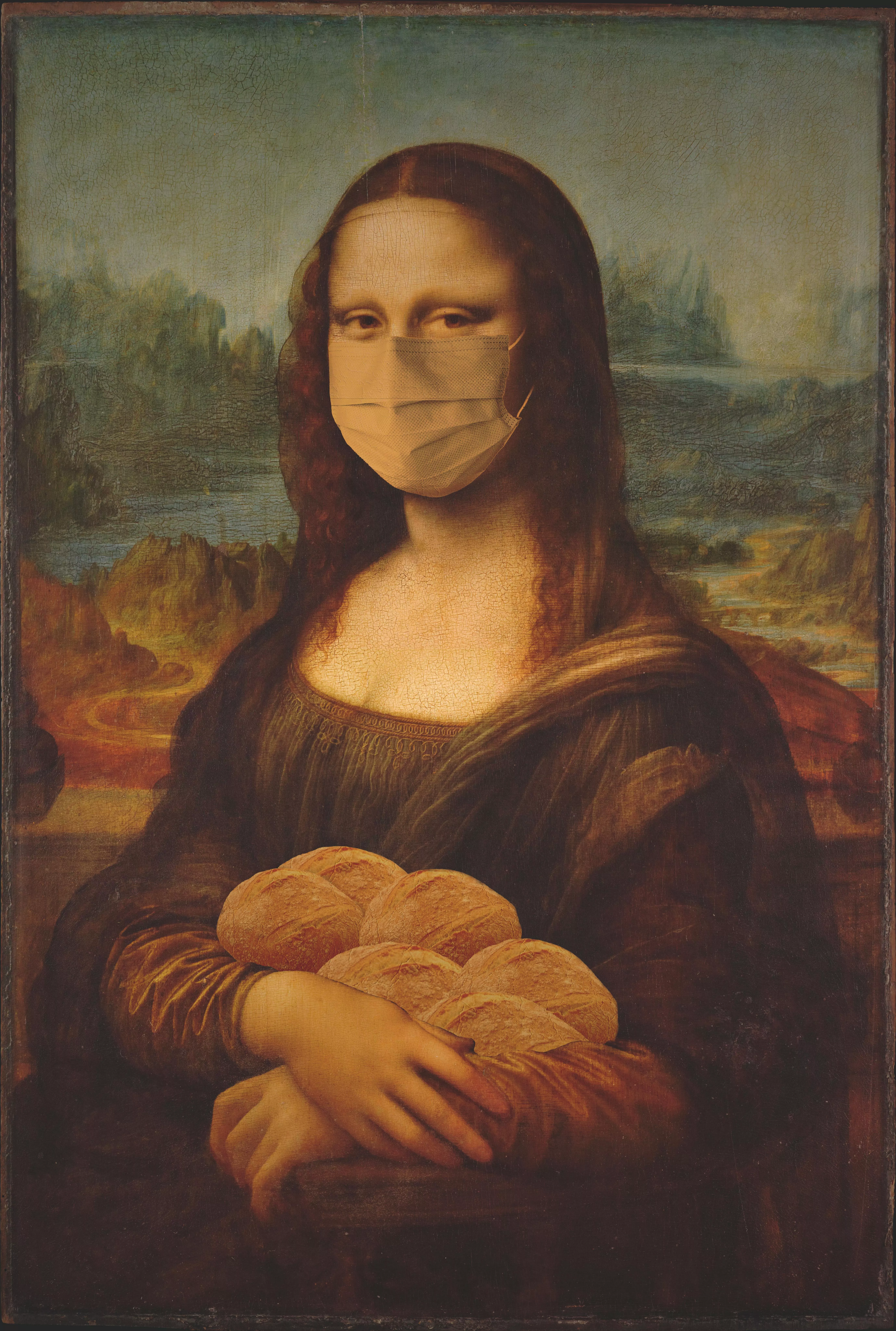 Mona Lisa in a Face Mask Carrying Bread
