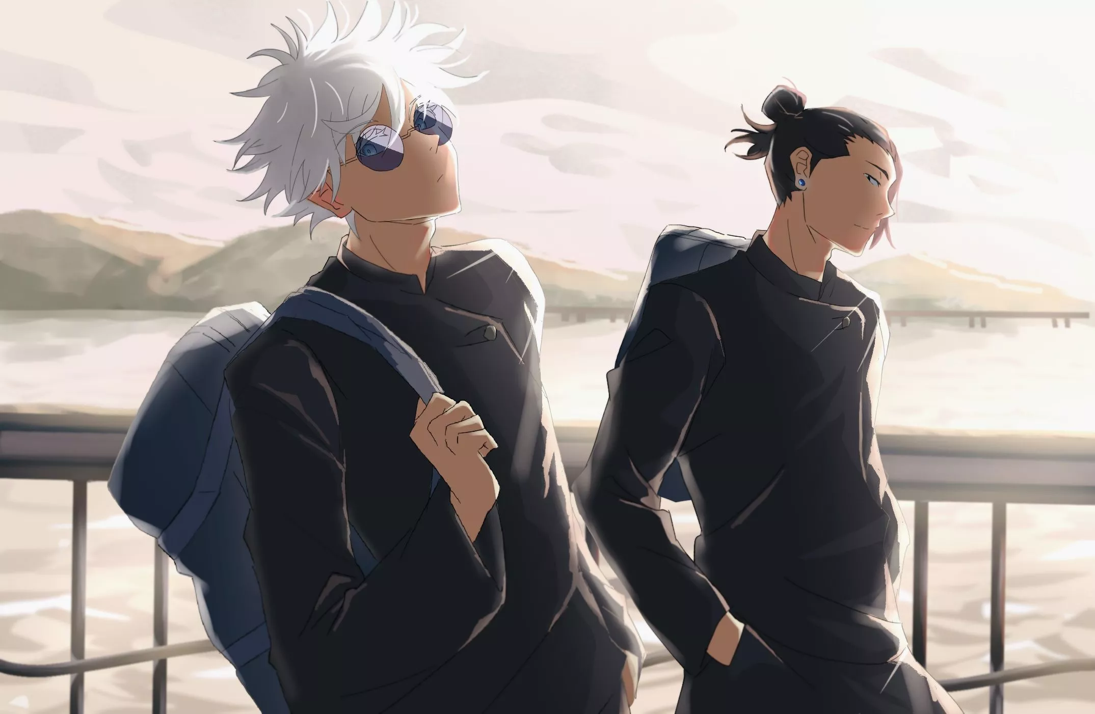 Dynamic Duo: Satoru Gojo & Suguru Geto HD Wallpaper from Jujutsu Kaisen by ラマラムネ