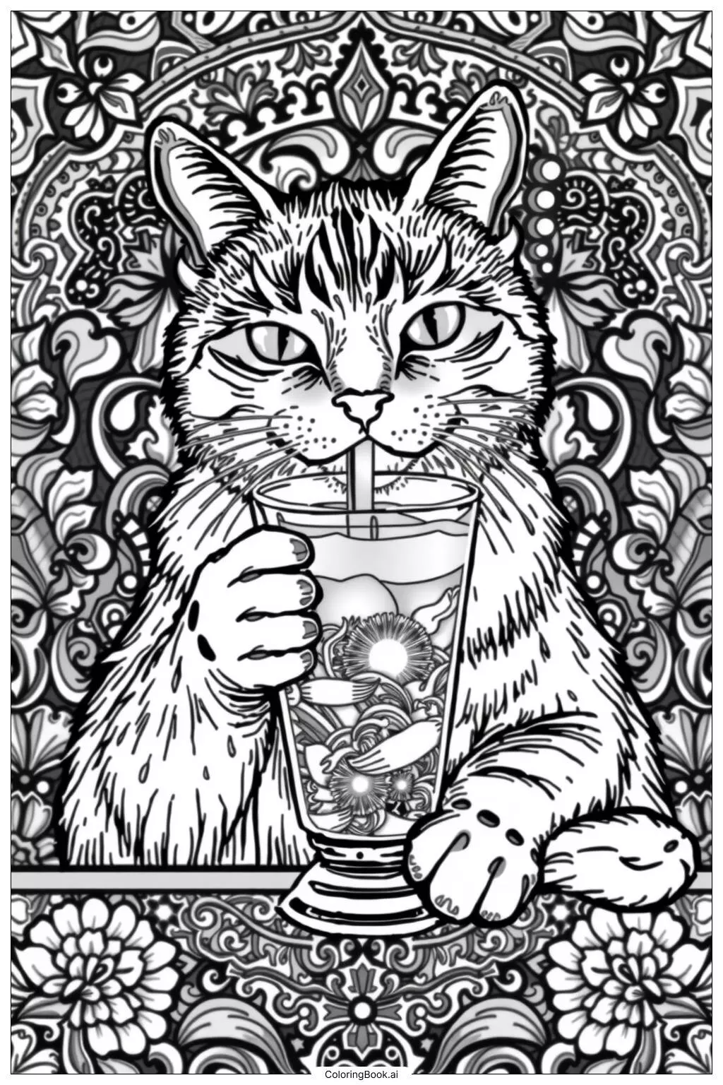 Cat Drinking Boba Tea Coloring Page