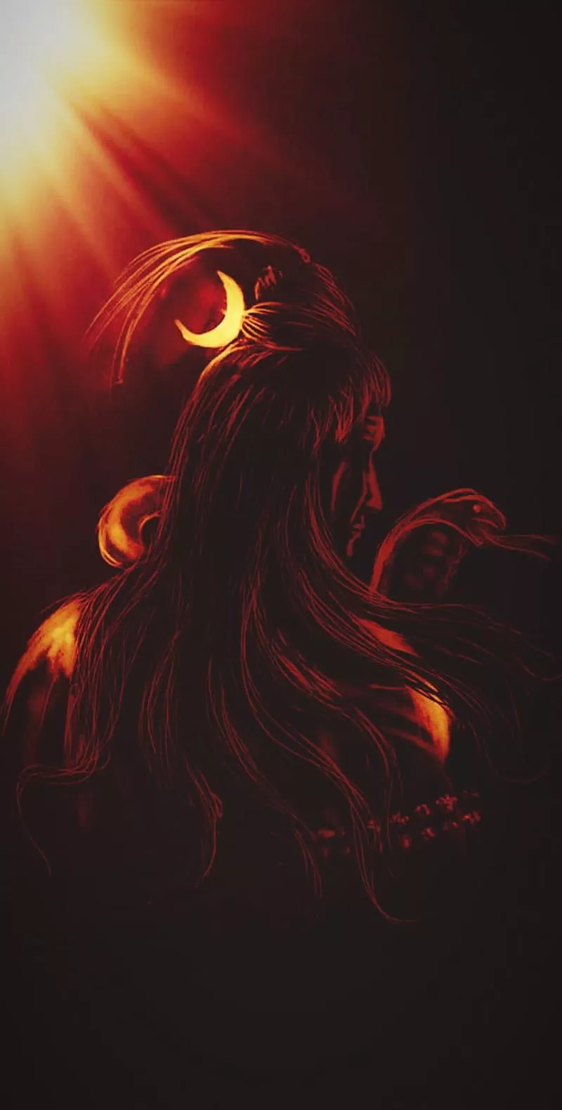 Shiva, back, black, hairs, lights, moon, red, HD phone wallpaper